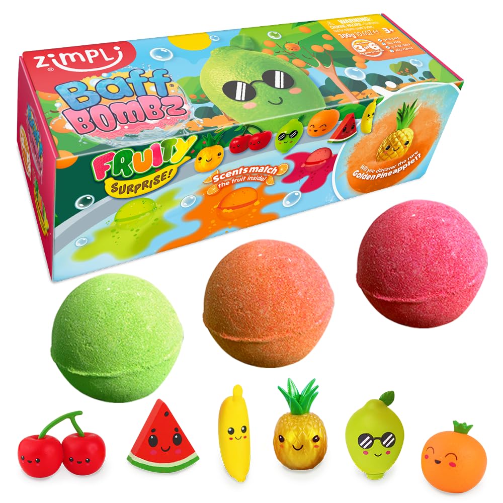 ZIMPLI - 3 x 100g Fruity Surprise Baff Bombz with Hidden Toy | Moisturizing | Banana Scent