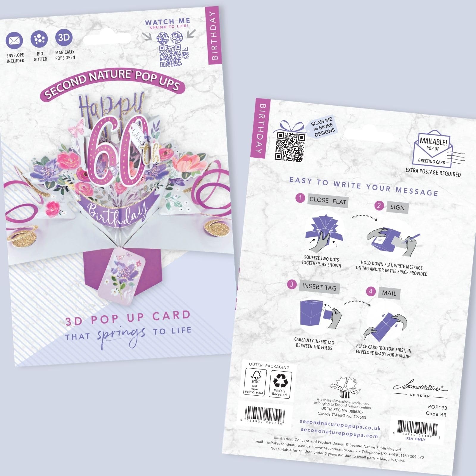Second Nature Pop Ups Female 60th Birthday 3D Pop-Up Greeting Card | Pink 8