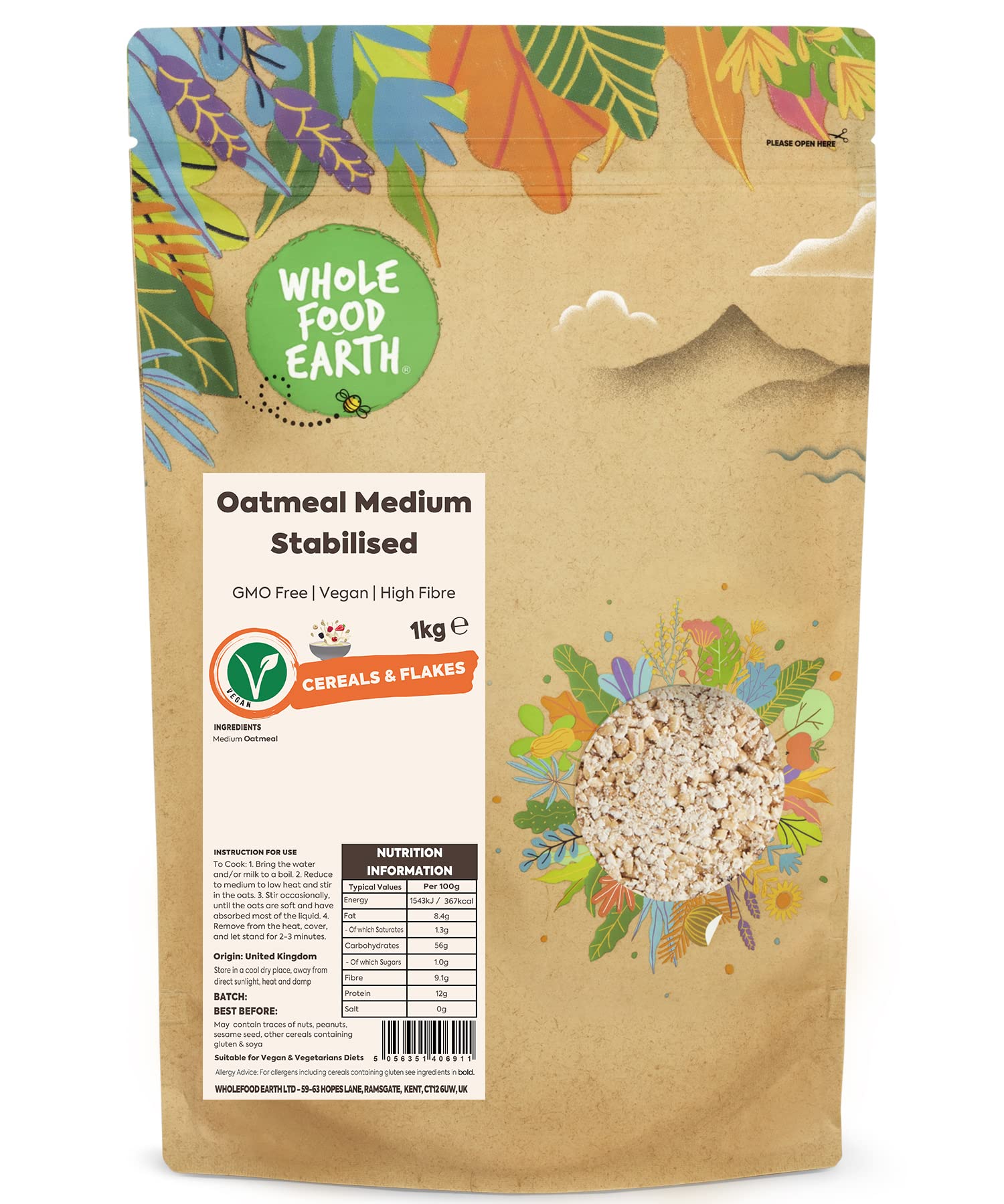 Wholefood Earth Oatmeal Medium - 1kg Bag | Ground Wholegrain Oats | Vegan Friendly 1