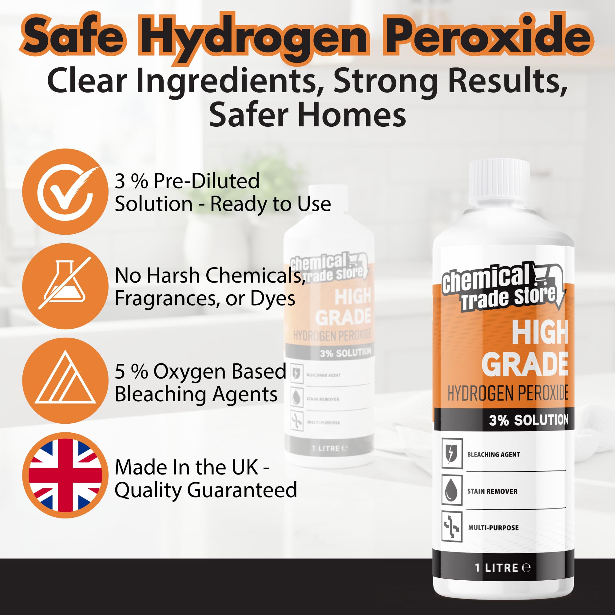 Chemical Trade Store Hydrogen Peroxide Solution 3% - Multi-Purpose Cleaner | Unscented Liquid | 1L 3
