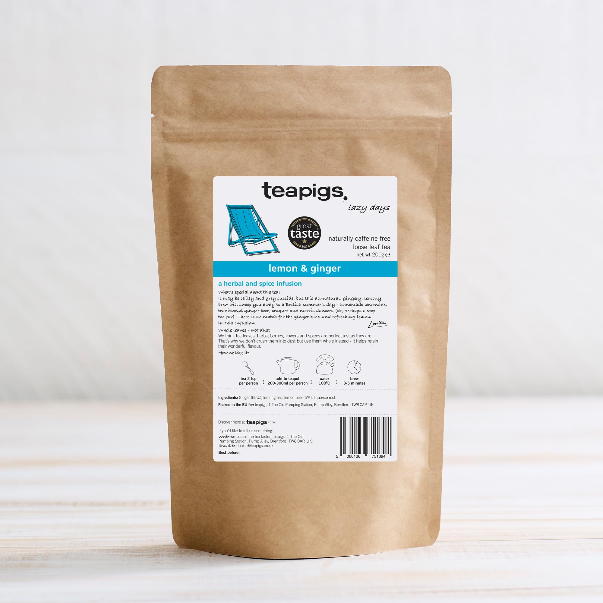 teapigs Lemon & Ginger Loose Leaf Herbal Tea - 200g Whole Leaf Infusion | Caffeine-Free