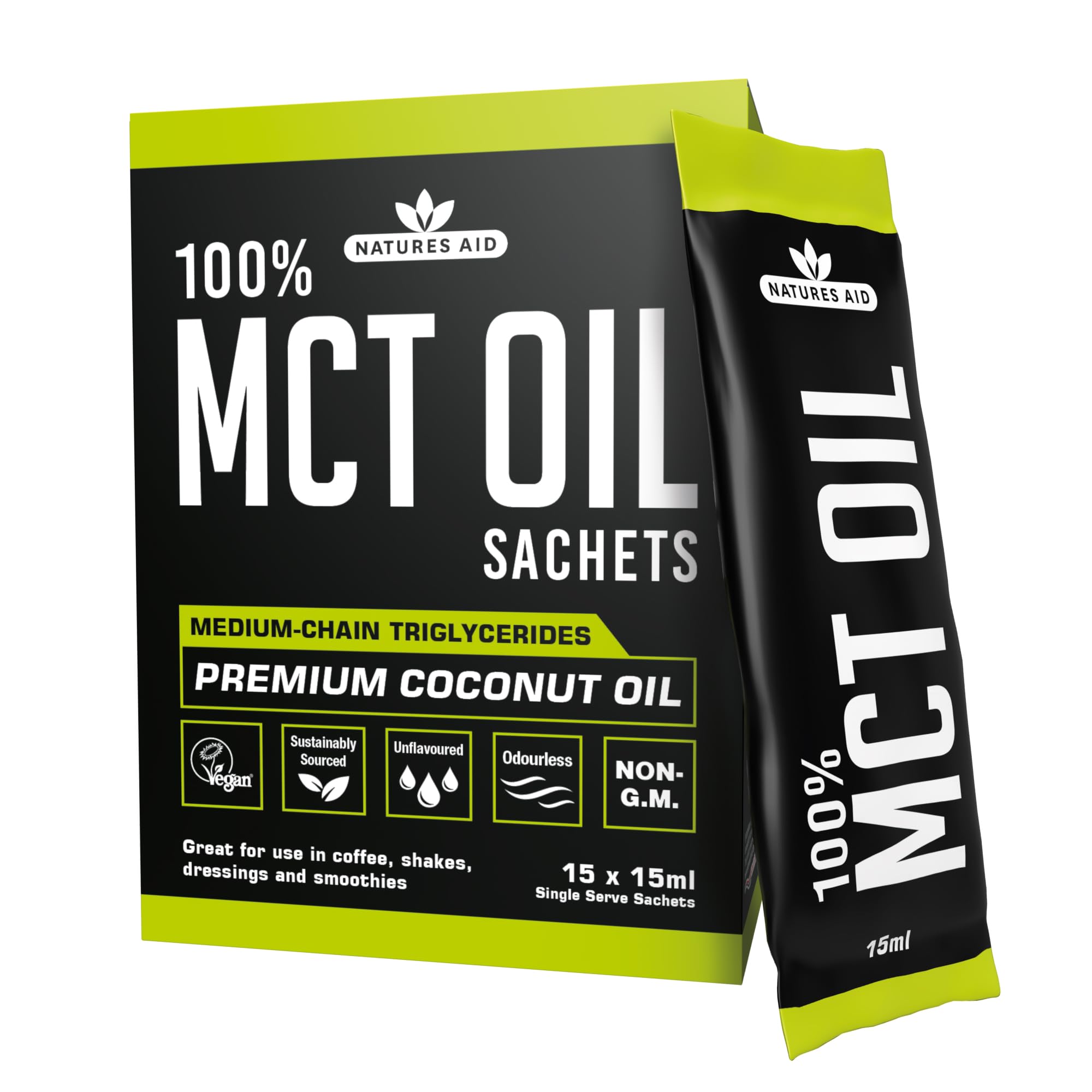 Natures Aid MCT-Öl, 15 Beutel à 15 ml – 100 % reines Kokosöl für Kaffee, Smoothies, Shakes und Dressings – vegan, vegetarisch, aus nachhaltiger Gewinnung