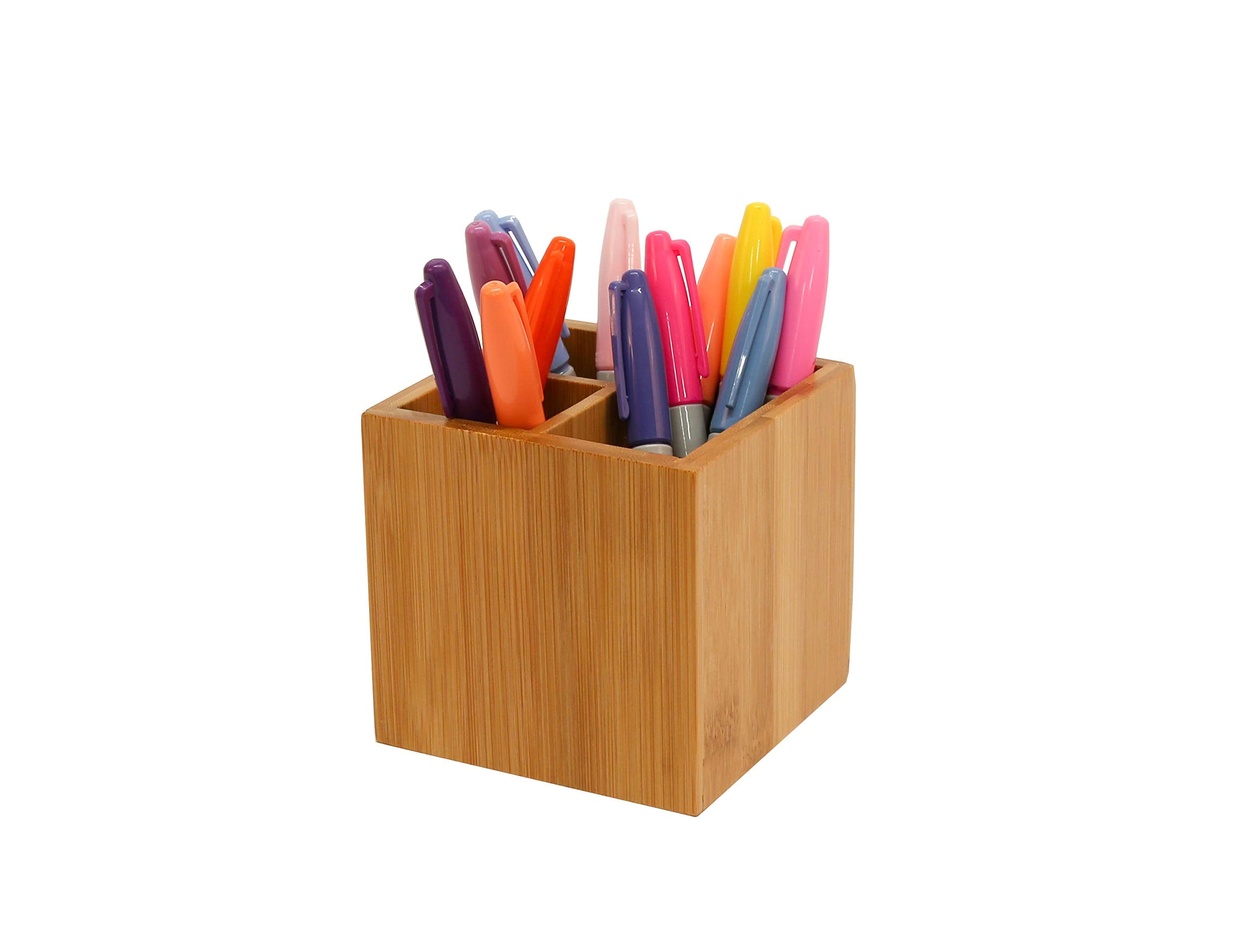Osco Bamboo Square Pen Pot with 3 Compartments - Natural Finish | H100mm x W105mm