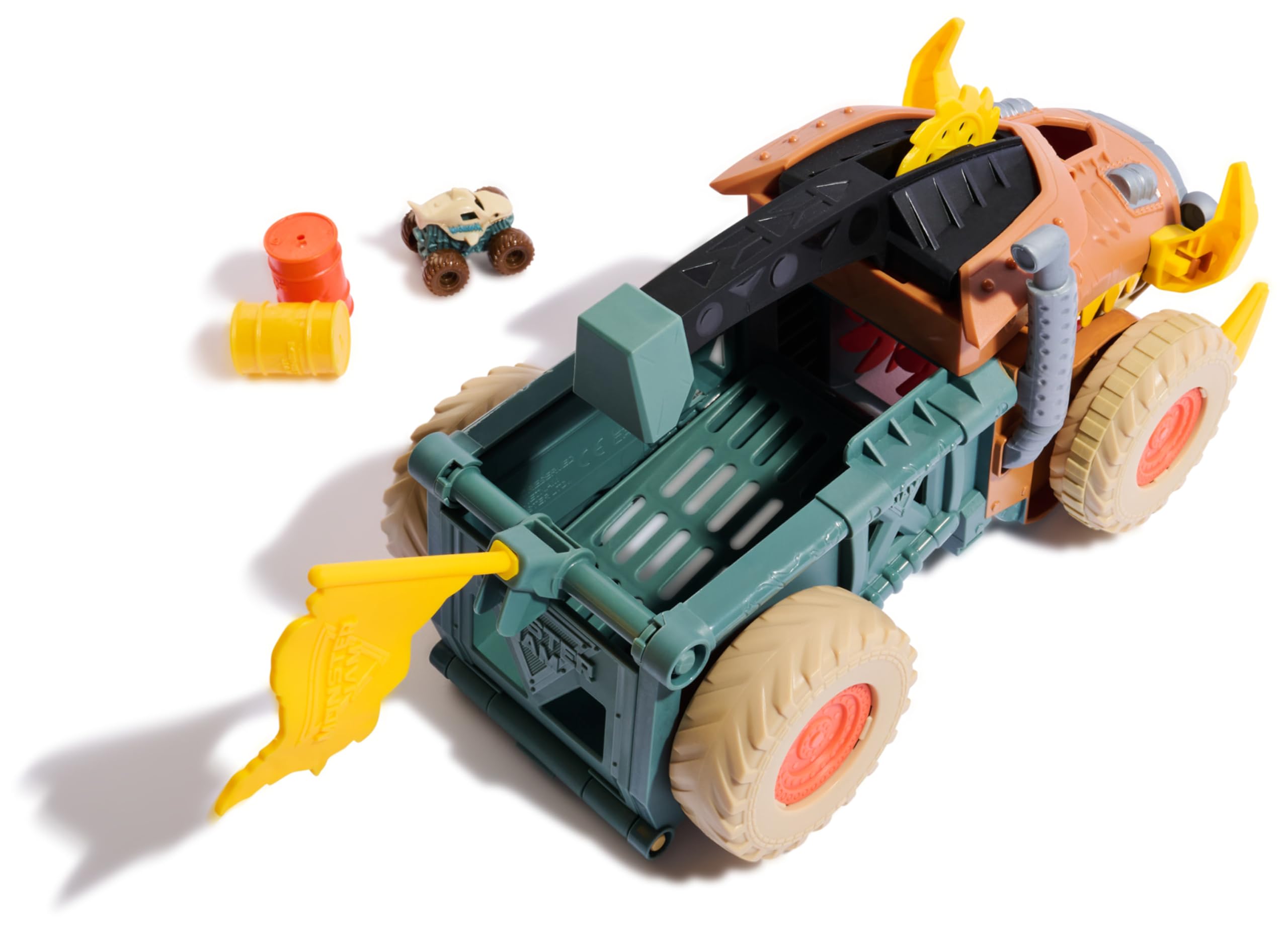 Monster Jam Mini Jams Megalodon Mad Hog Chomper Playset | 1:87 Scale Truck & Barrels 9
