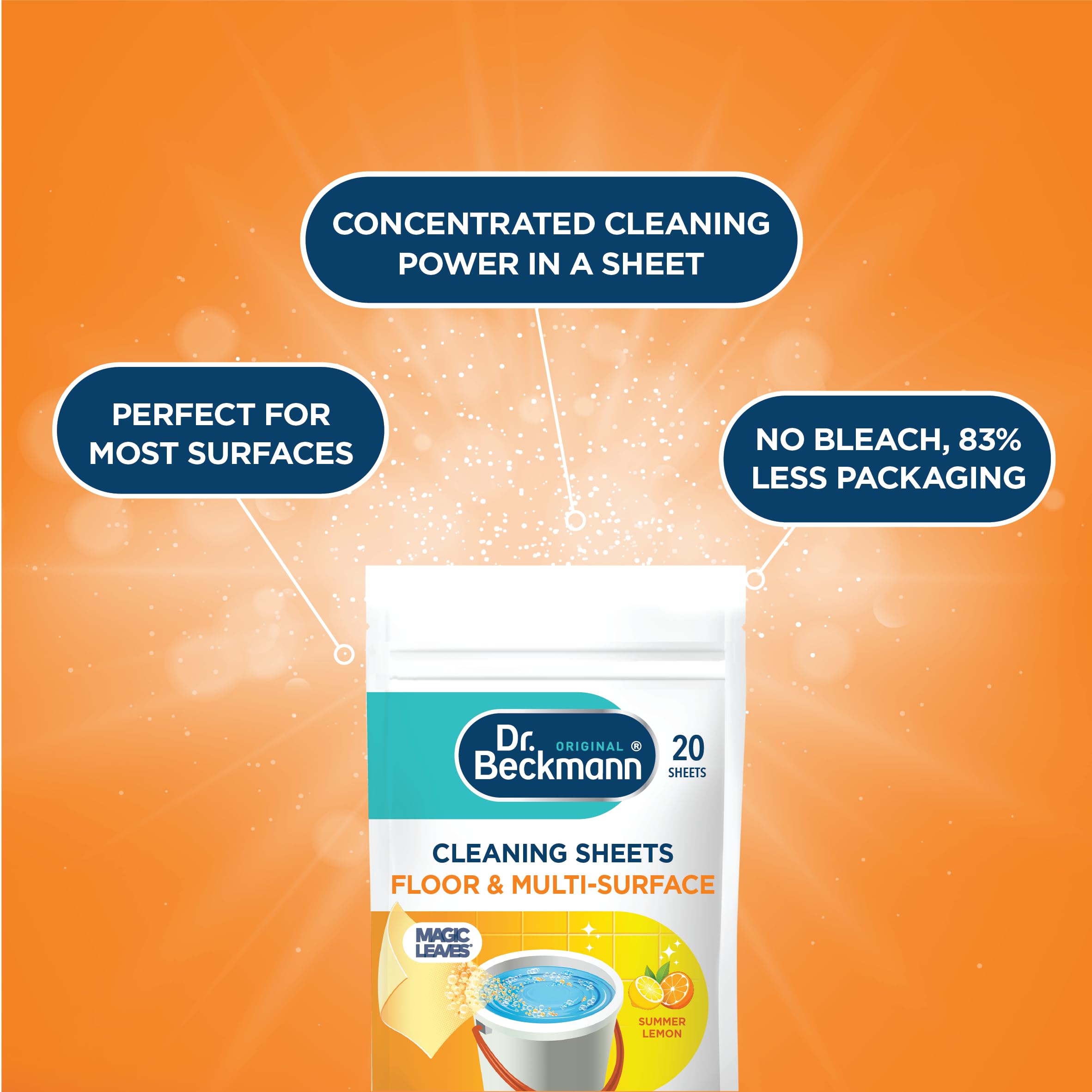 Dr. Beckmann Floor & Multi-Surface Cleaning Sheets - 20 Count | Powerful Against Dirt & Grease | Lemon Scent