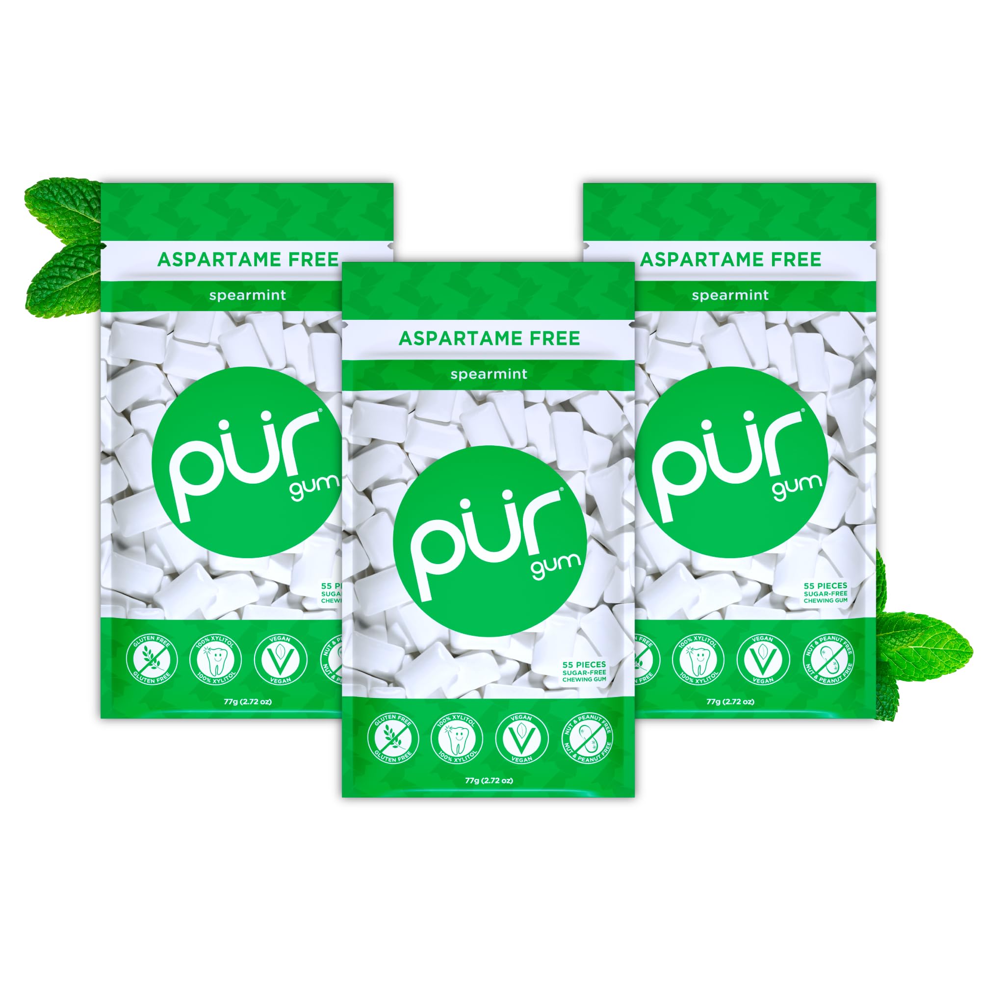 PUR Gum - Sugar Free Spearmint Chewing Gum | Xylitol Sweetened | Vegan, Keto Friendly | 55 Count (Pack of 3)