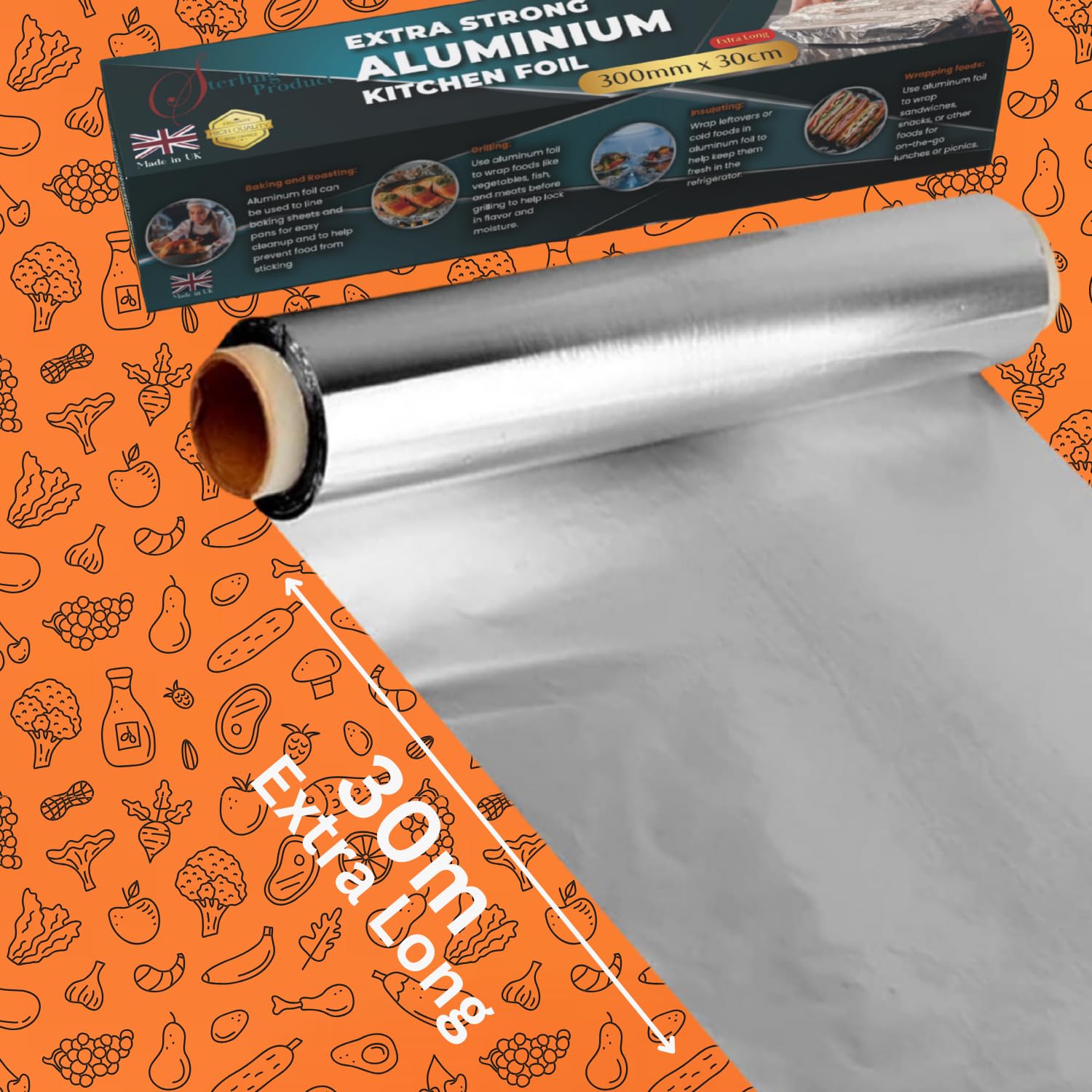 STERLING PRODUCTS Heavy Duty Aluminum Foil Roll - 30m x 30cm for Cooking & Storage 3