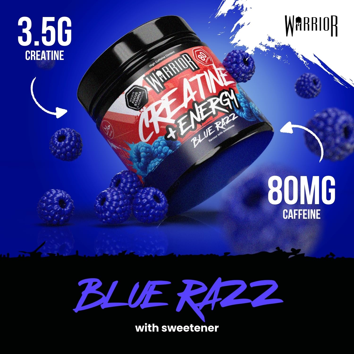Warrior Creatine Monohydrate Powder + Energy - 360g, 80 Servings | Raspberry