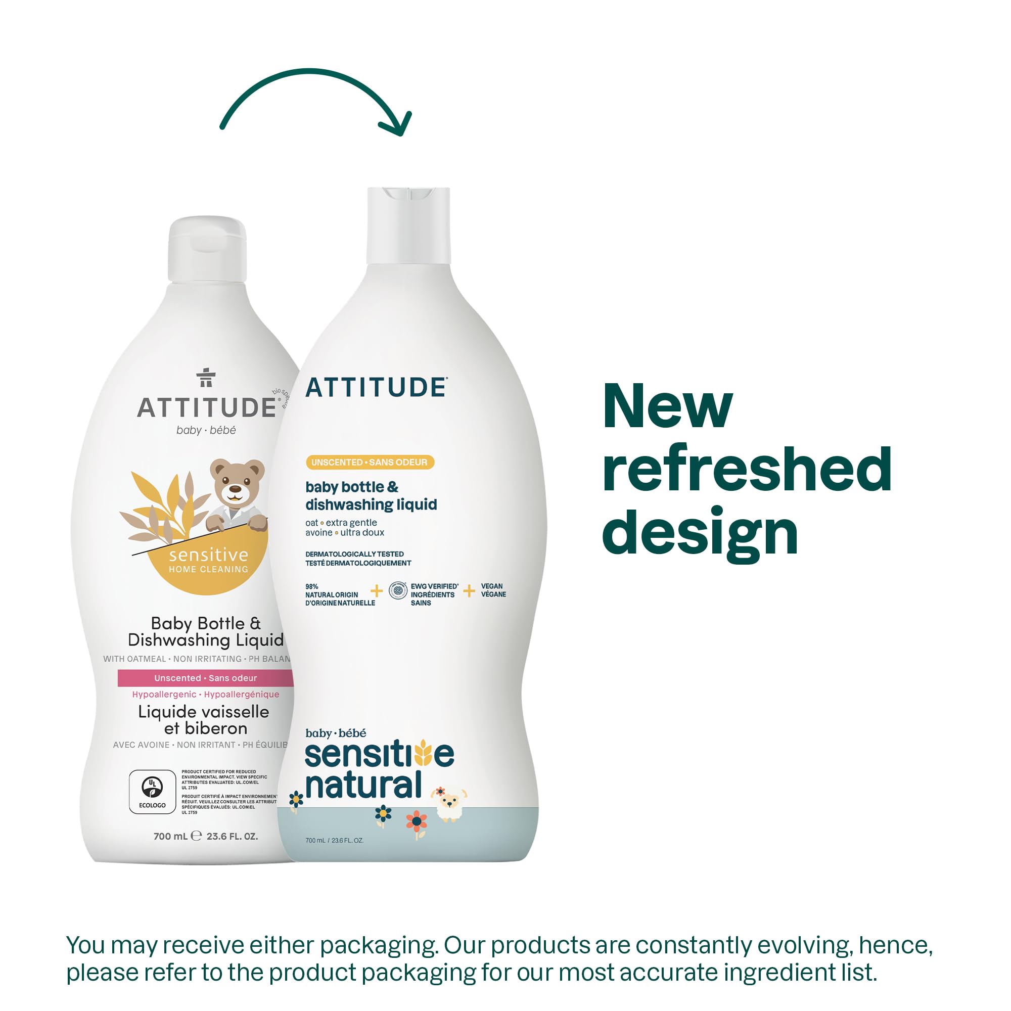 ATTITUDE Sensitive Skin Baby Natural Bottle and Dishwashing Liquid - EWG Verified, Unscented, Vegan Formula, 700 ml