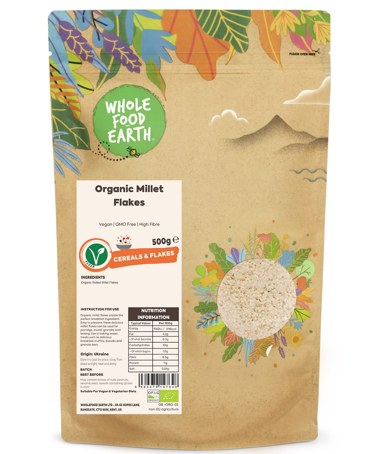 Wholefood Earth Bio-Hirseflocken – 500 g | Vegan | Gentechnikfrei | Ballaststoffreich | Recycelbare Verpackung