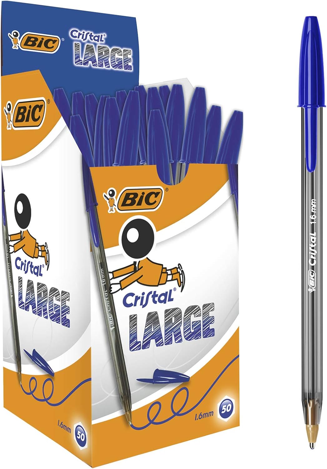 BIC Cristal Large, Wide Point Ball Ballpoint Pens, Smooth Ink Flow, Lightly Smoked Barrel, in Blue, Pack of 50