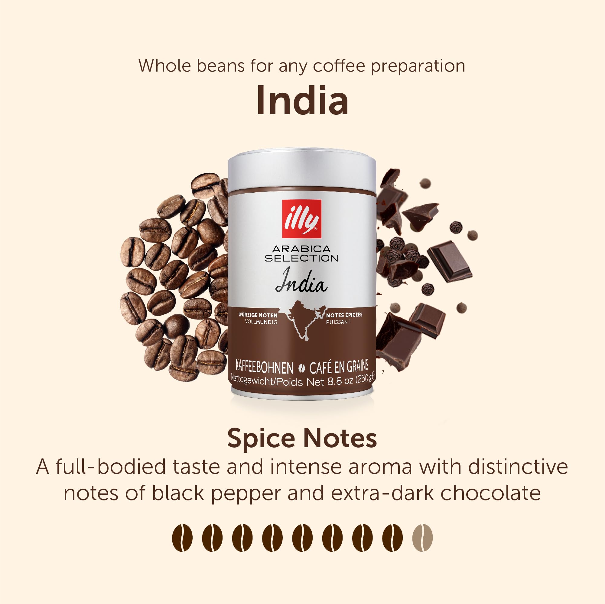 illy Coffee Beans - India Dark Roast - 100% Whole Arabica - 250g Tin