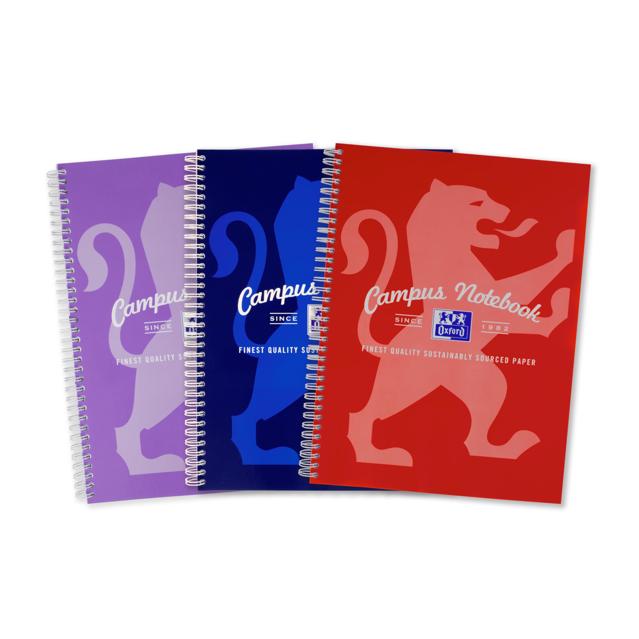 Oxford Campus A4+ Wirebound Notebook - 140 Pages, 8mm Lined with Margin, Perforated, Assorted Pack of 3