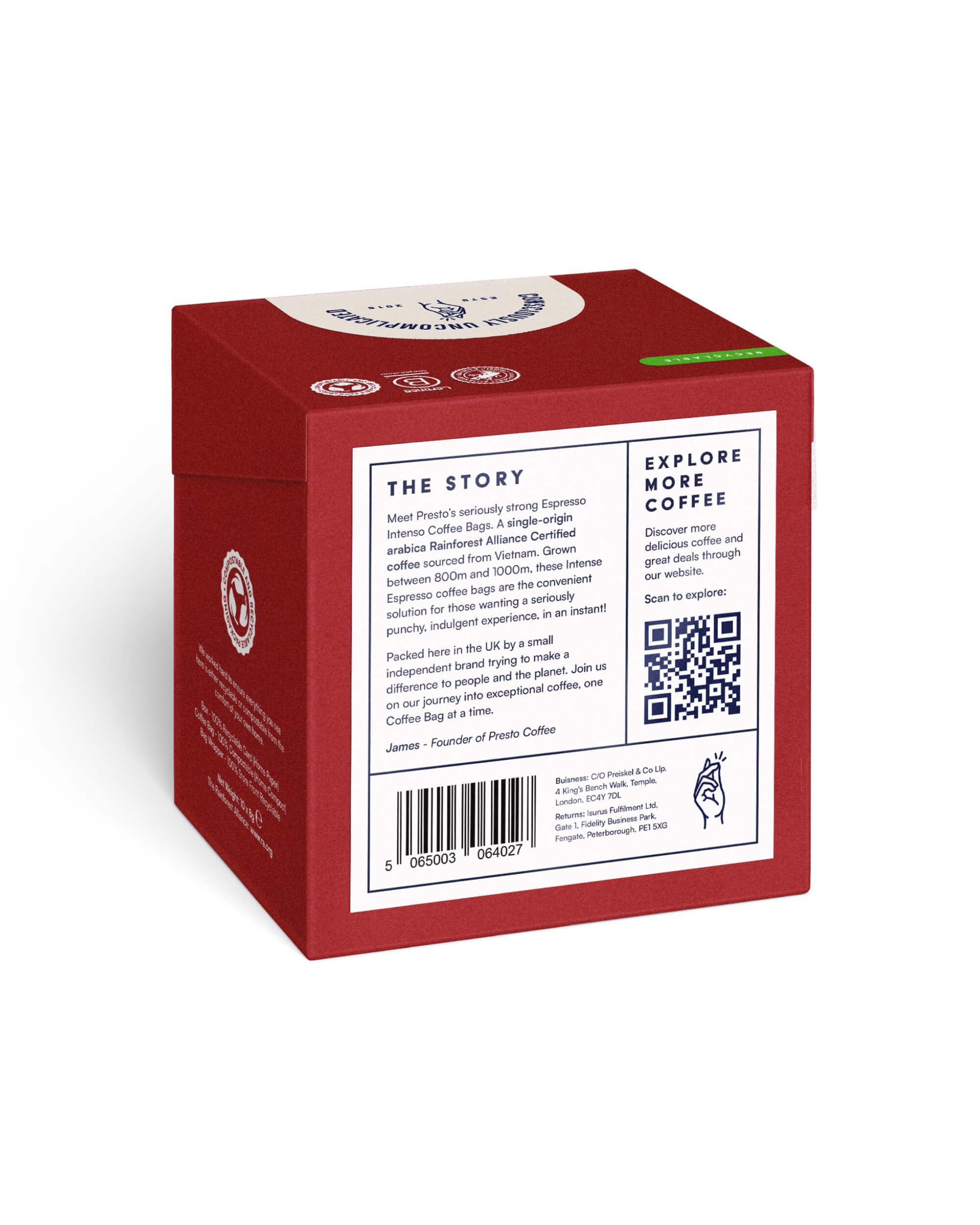 Presto Coffee Espresso Intenso Ground Coffee Bags - Dark Roast, 10 Count, 80g