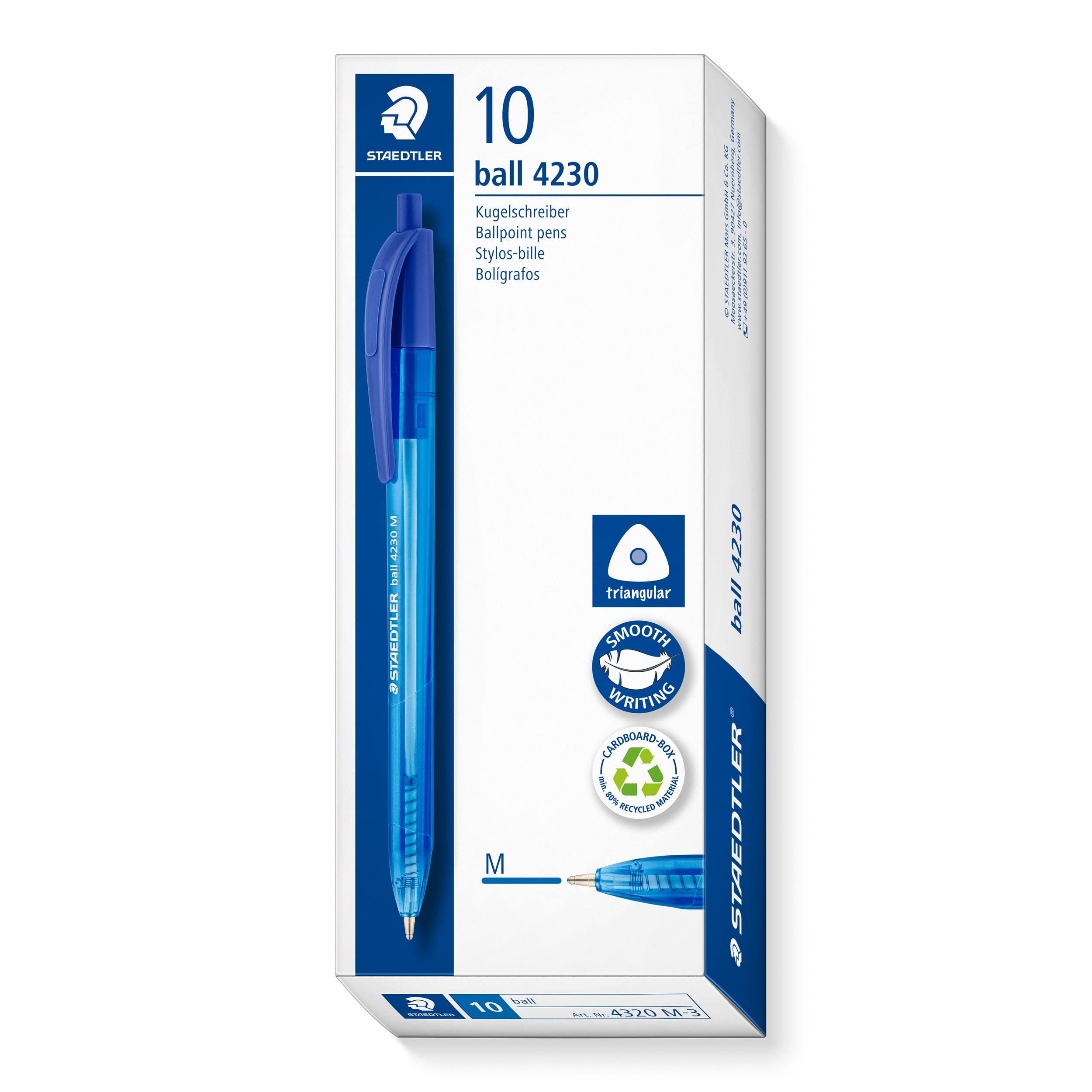 STAEDTLER 4230 M-3 Retractable Ballpoint Pen - Blue Ink | 1.0mm Medium Point | Pack of 10