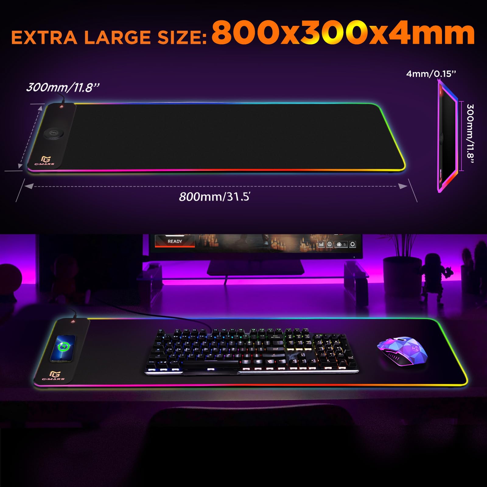 Gimars RGB Gaming Mouse Pad with 15W Wireless Charging, XL Mat 800x300mm 5