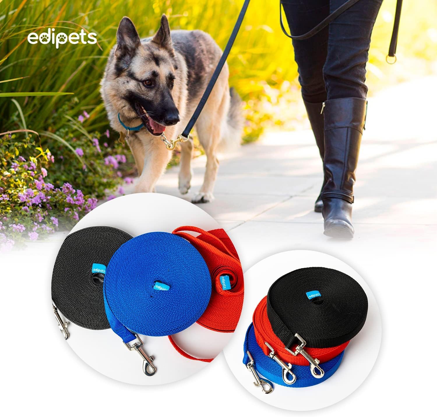 Edipets Durable Nylon Dog Training Lead - 10m Length | Stainless Steel Carabiner | Black 6