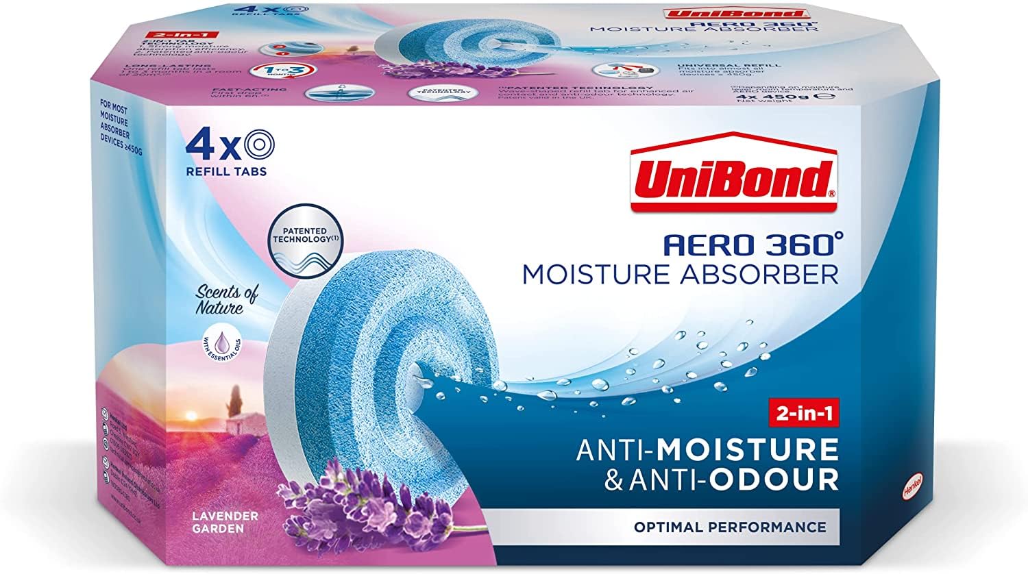 UniBond AERO 360° Feuchtigkeitsabsorber Lavendelgarten Nachfülltablette (4 x 450 g)