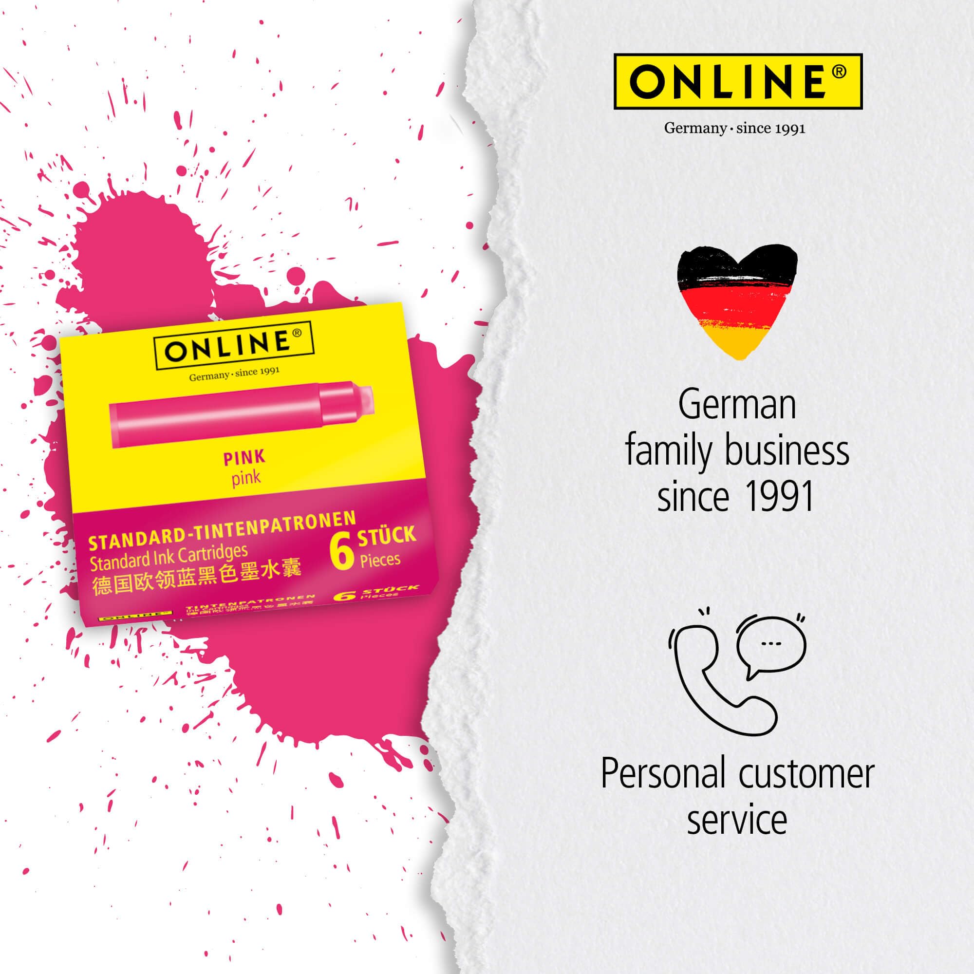 Online Standard Fountain Pen Ink Cartridges - Universal Fit, Pink Color | 6 Pack 6