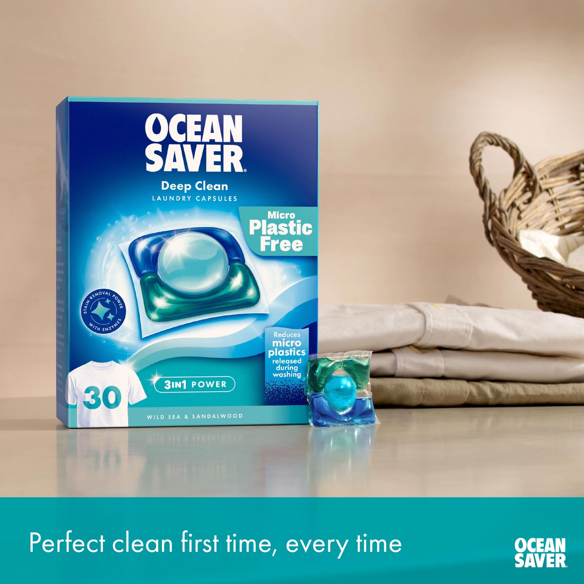 OceanSaver Eco Bio Laundry Detergent Capsules - 30 Washes | 3-in-1 Deep Clean | Wild Sea & Sandalwood 3