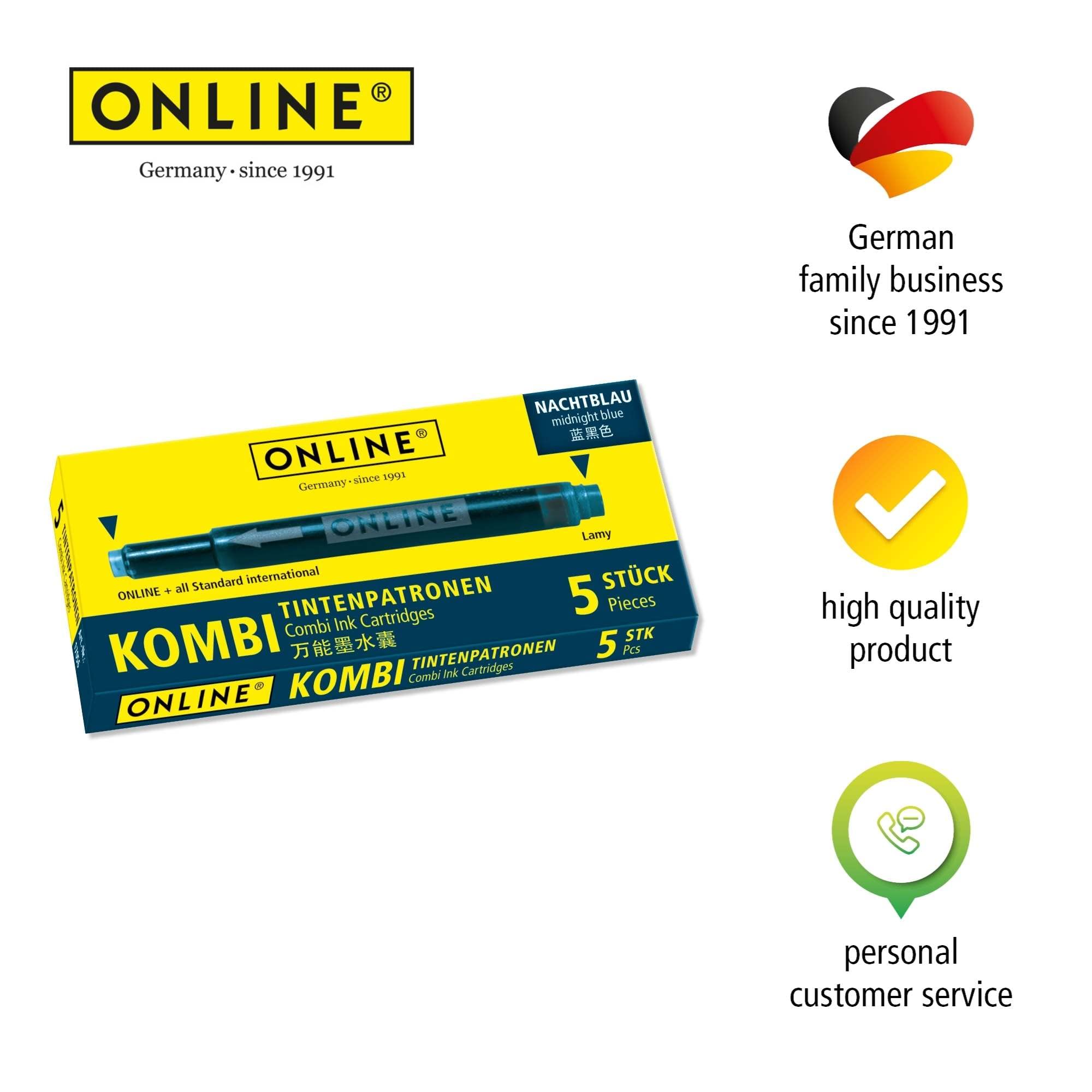 Online Universal Double-Sided Fountain Pen Ink Cartridges - 5 Pack, Nightblue | Compatible with Lamy 7