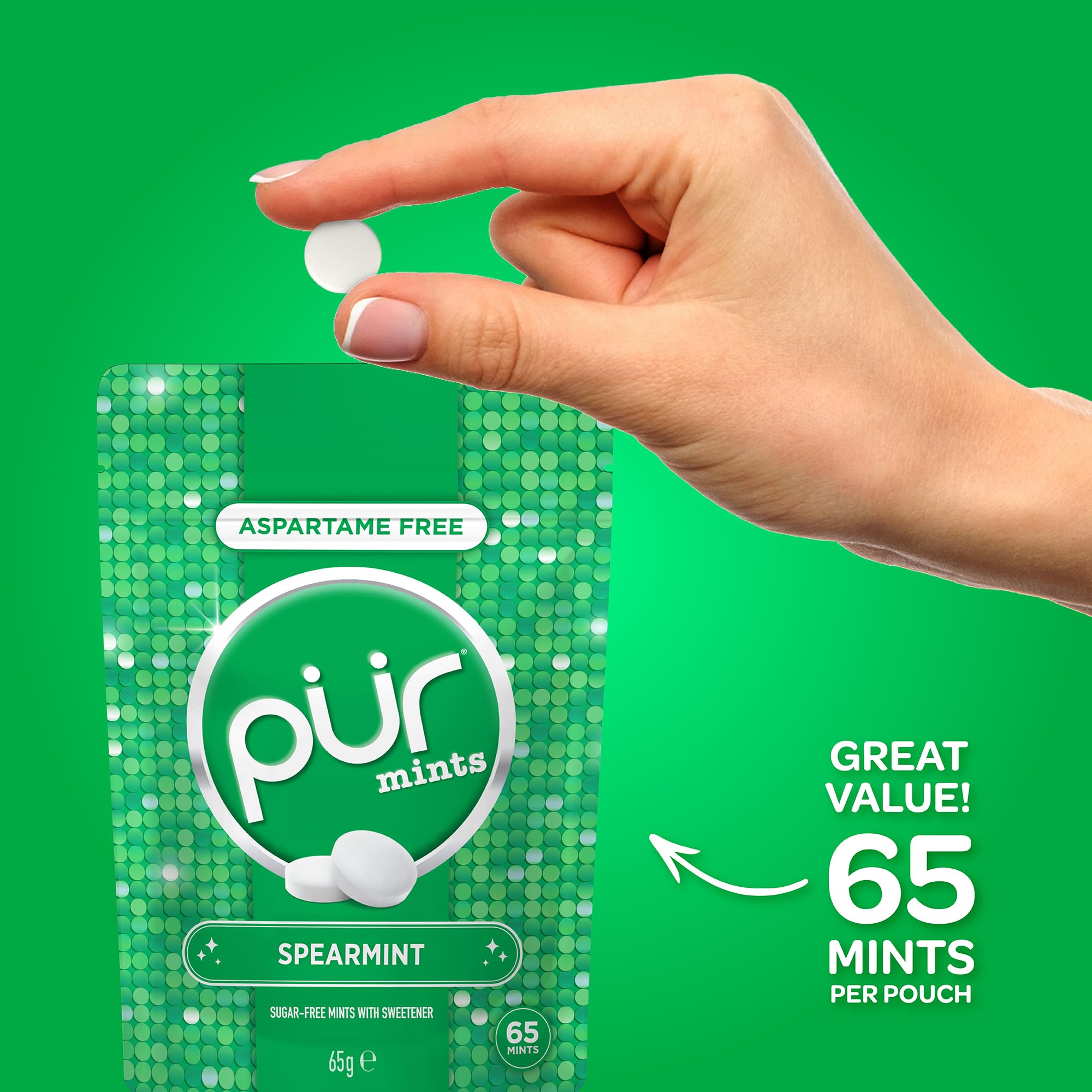 PUR Mints Spearmint - Sugar Free, Aspartame Free, Made with Xylitol | 65 Count Pouch (Pack of 3) 2