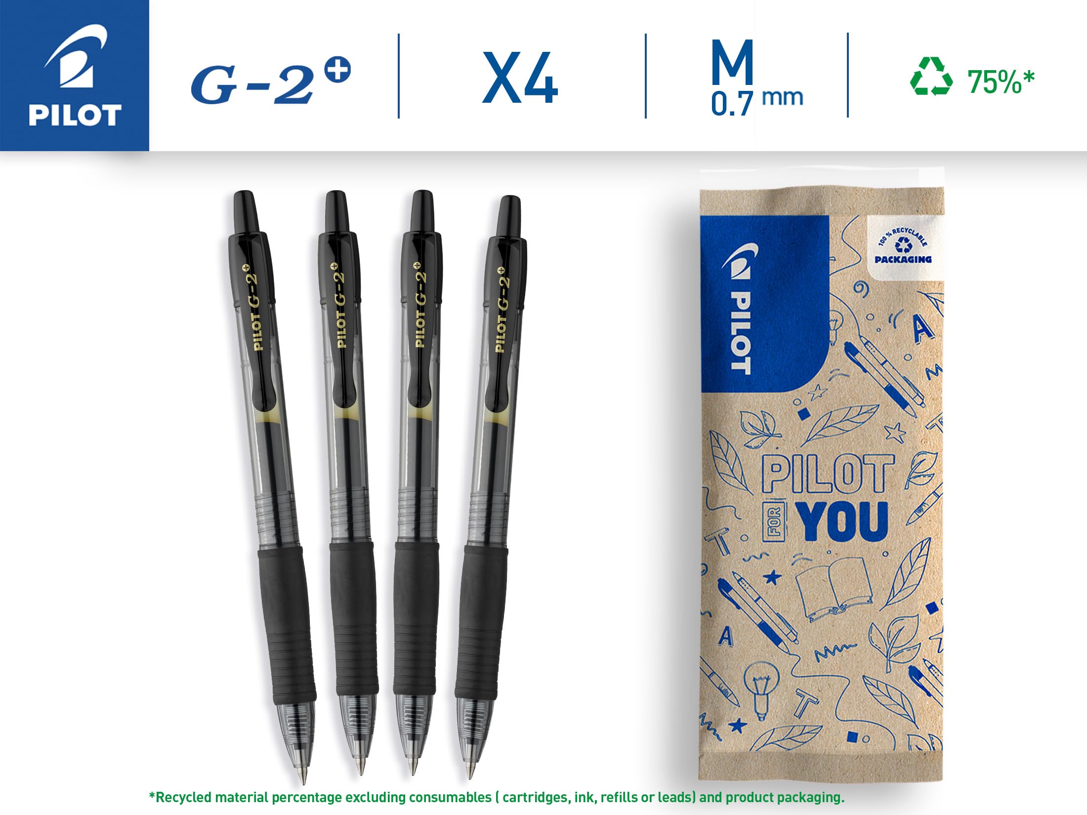 PILOT G2 Retractable Rollerball Pen - 4 Pack | 0.7mm Medium Point | Black Gel Ink