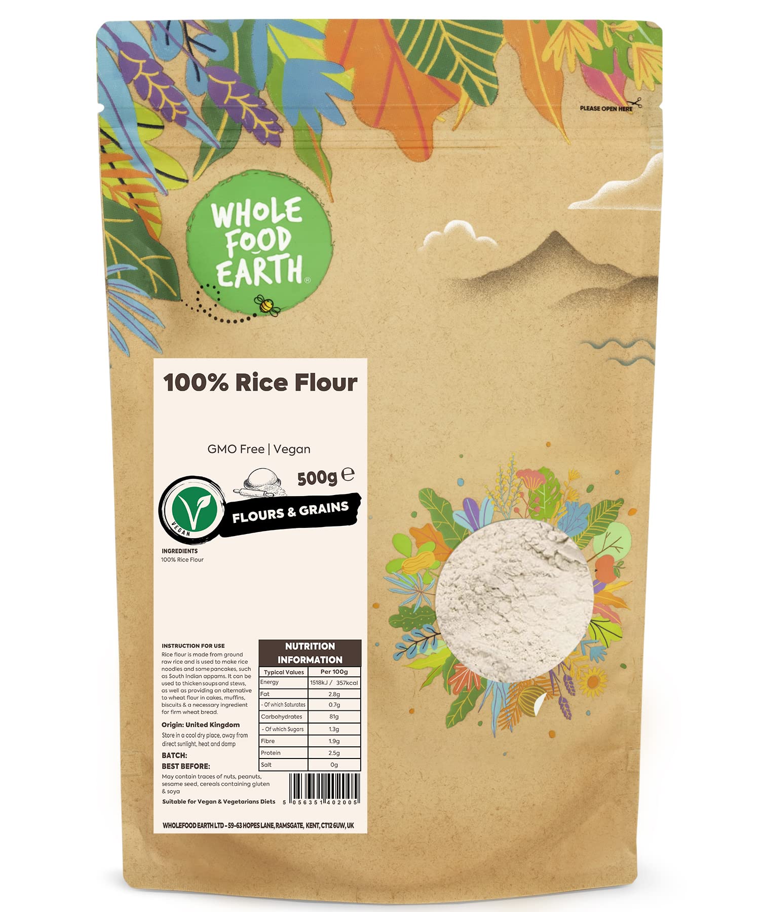 Wholefood Earth 100% Rice Flour - GMO Free, Vegan Friendly | 500g
