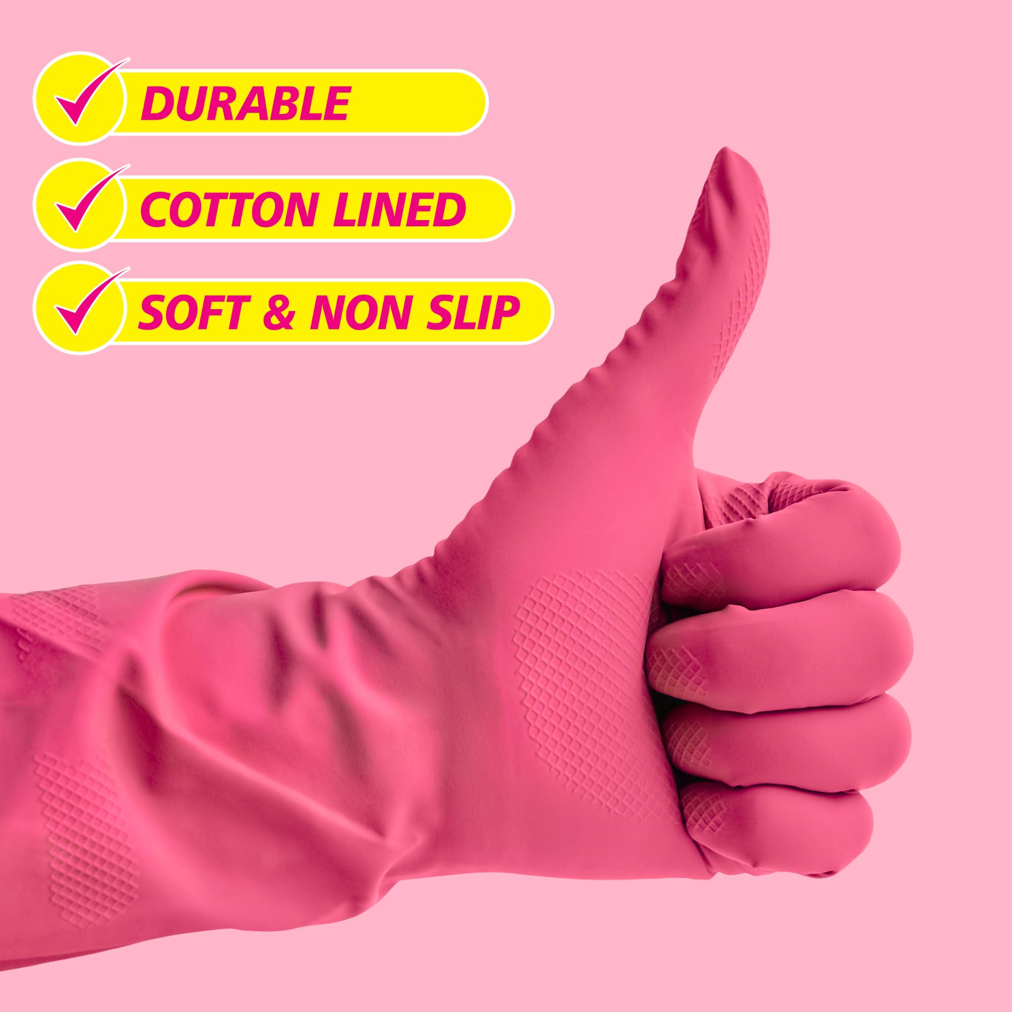 Elbow Grease Pink Rubber Gloves - Super Strong, Cotton Lined, Non-Slip Grip | Size M