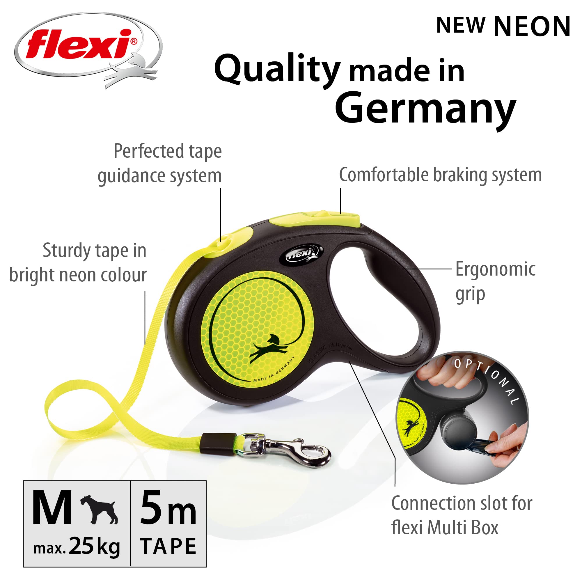 flexi New Neon M Tape Retractable Lead - 5m Length | Neon Yellow | For Dogs Up To 25 kg