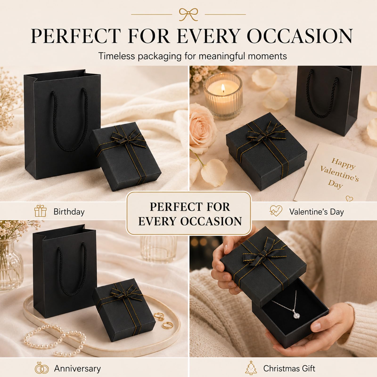 Admygo Premium Black Jewelry Gift Box and Paper Bag Set | 7x9x3cm Box | Includes Ribbon Bow 6