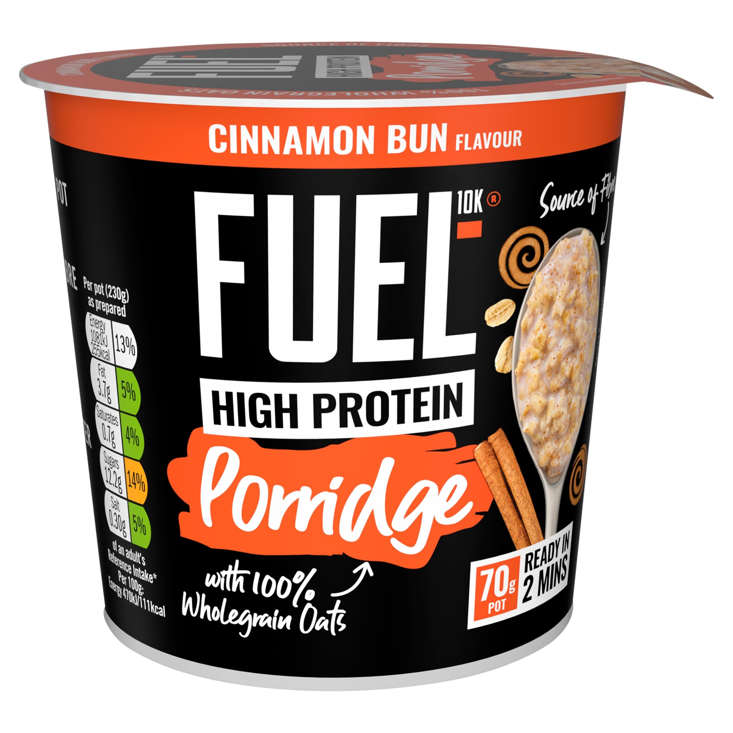 FUEL10K High Protein Cinnamon Bun Porridge Pot - 13g Protein, Wholegrain Oats | 8 Pack of 70g