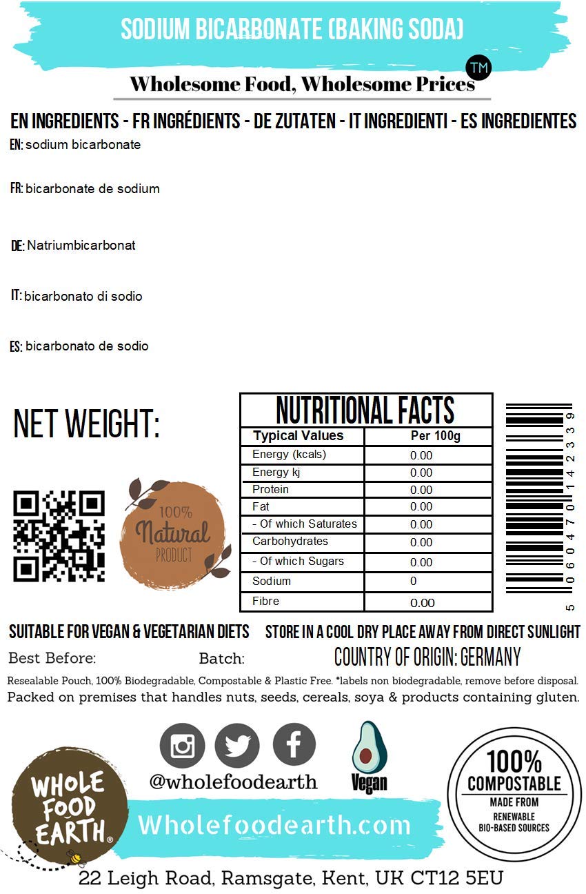 Wholefood Earth Sodium Bicarbonate Baking Soda Powder - 1 kg | Versatile Leavening & Cleaning Agent