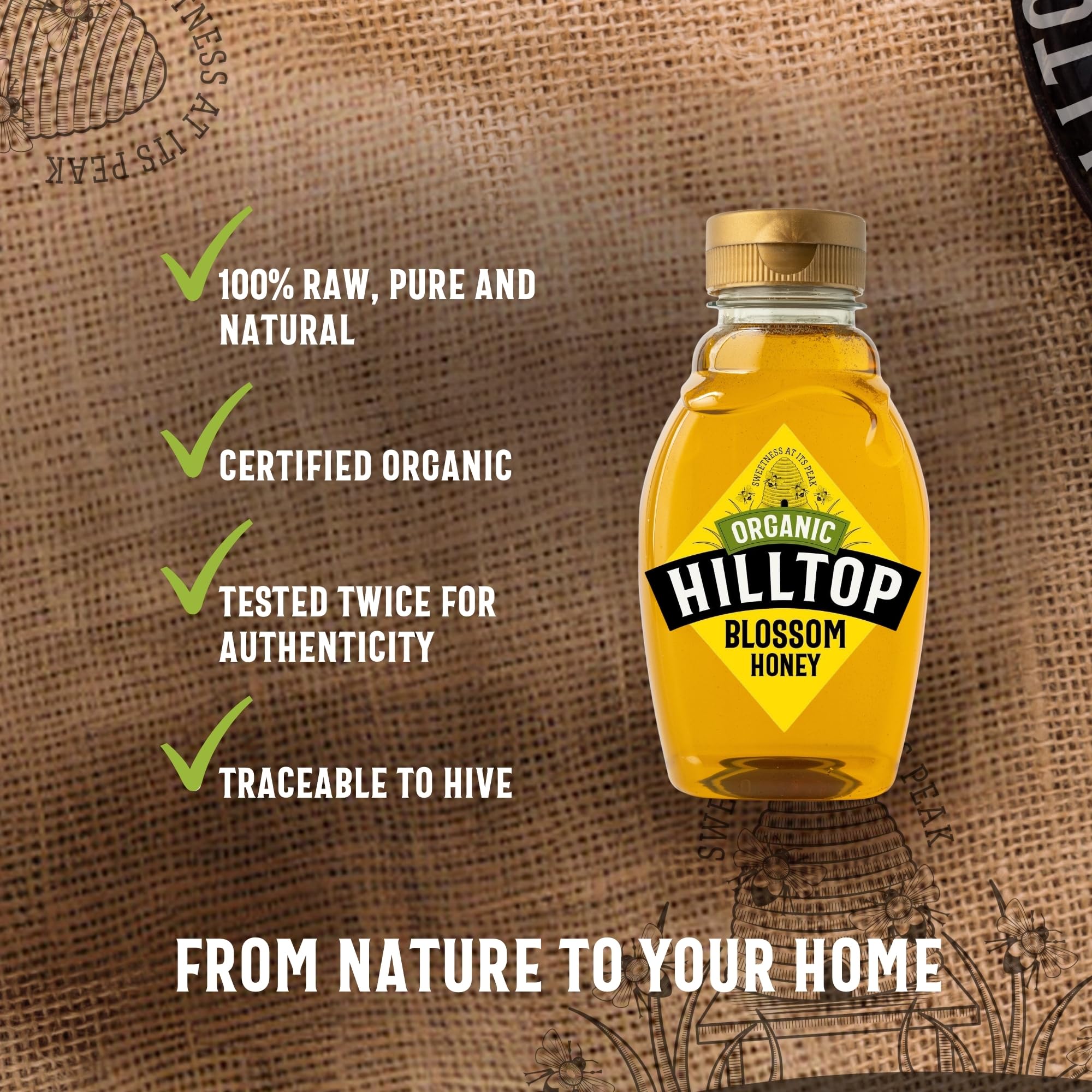 Hilltop Honey Organic Blossom Honey - Pure Natural Honey | Soil Association Certified | 340g Squeezy Bottle