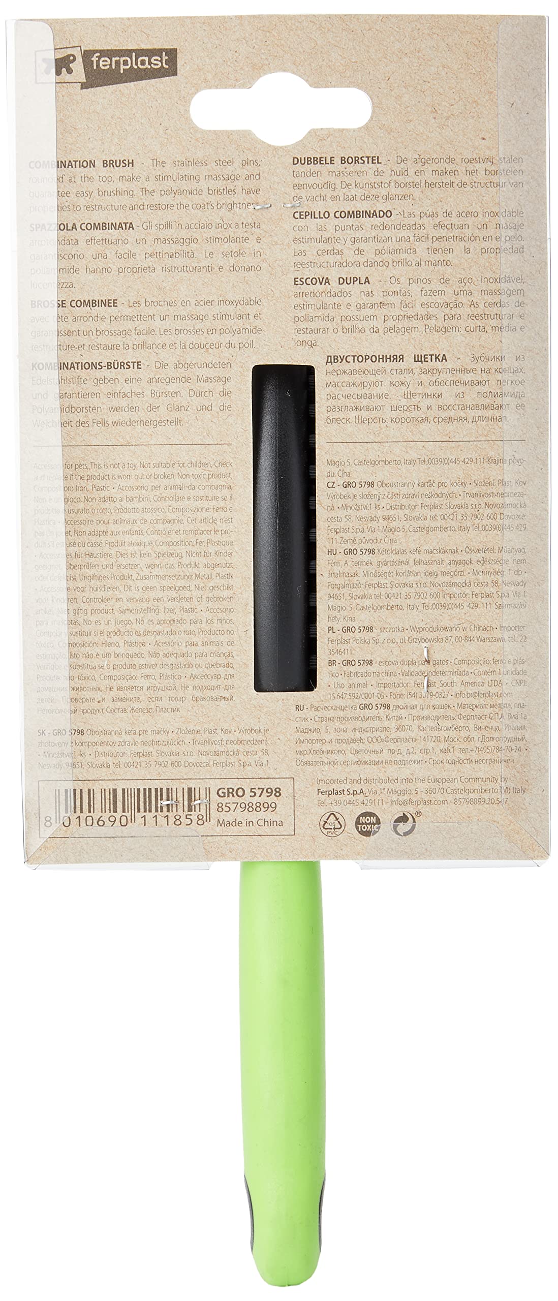 Ferplast Combination Cat Brush GRO 5798 - Dual-Sided Grooming Tool for All Hair Lengths | Green 5