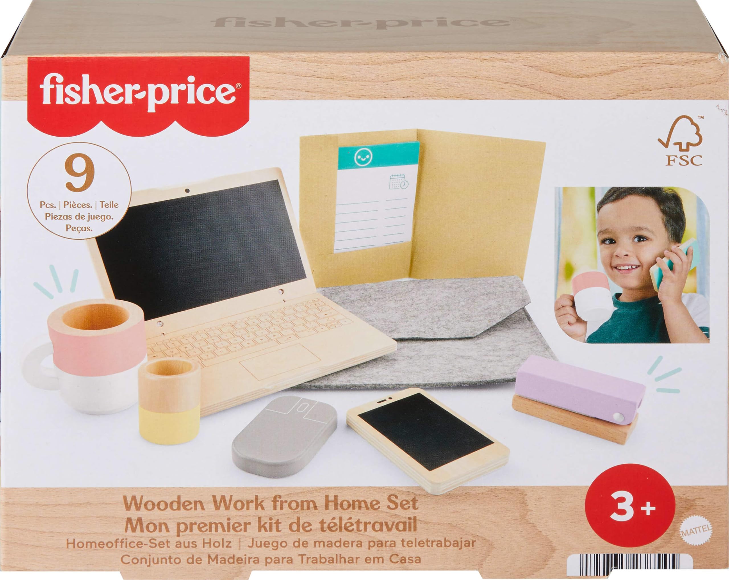 Fisher-Price Wood Pretend Play Work From Home Set, 9-Piece Office Playset