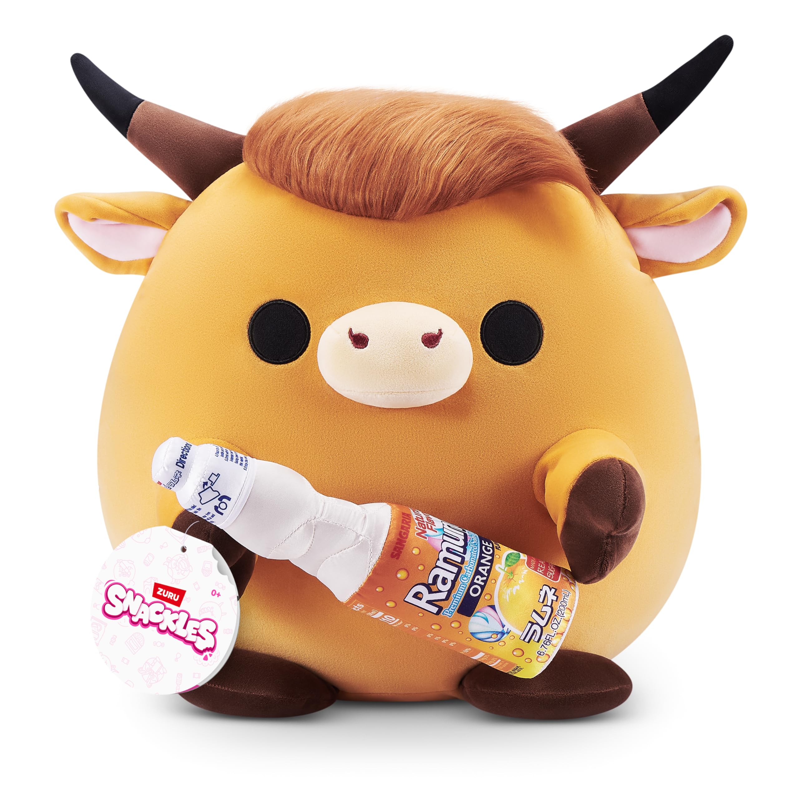 Snackles Robbie Highland Cow Plush - 14-inch Soft Toy with Sangaria O-mazing Orange Ramune Snack
