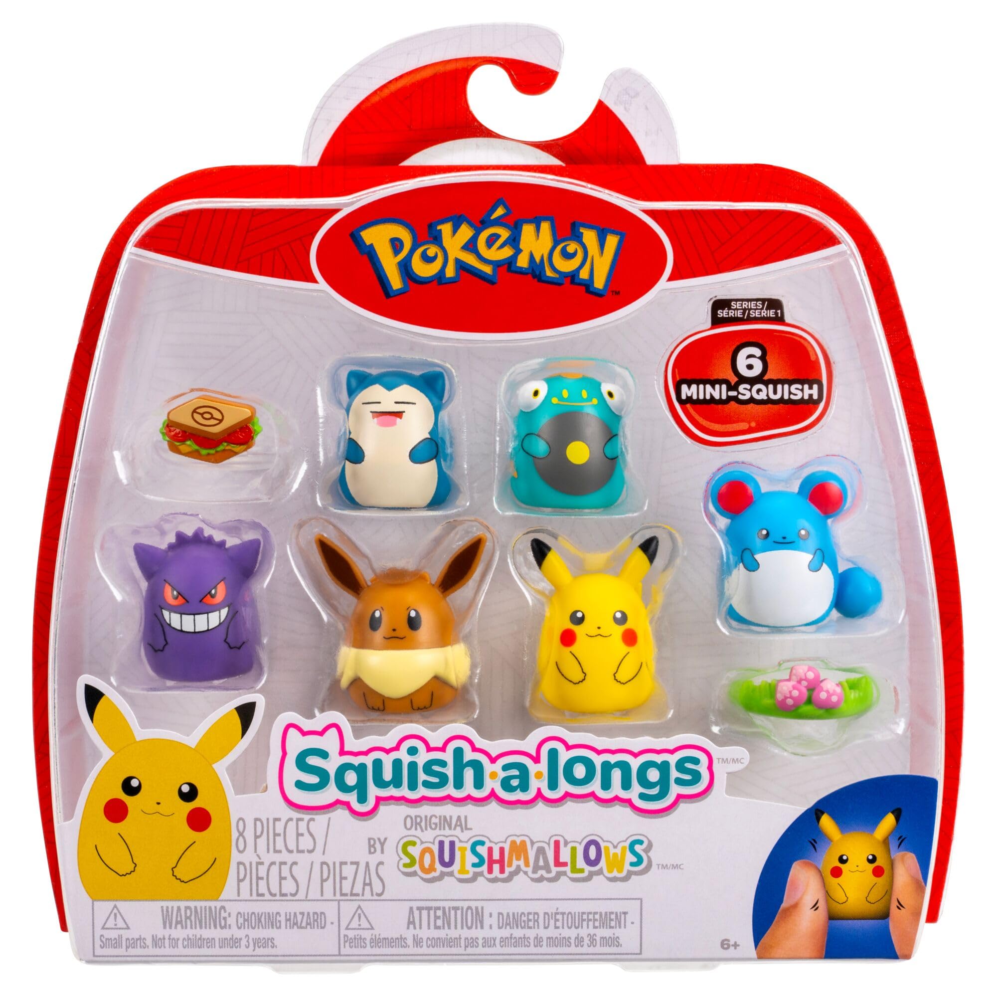 Squish-a-longs Pokémon Mini-Squish 6-Pack (Pikachu, Gengar, Snorlax, Eevee) | Plastic Collectibles | Age 6+