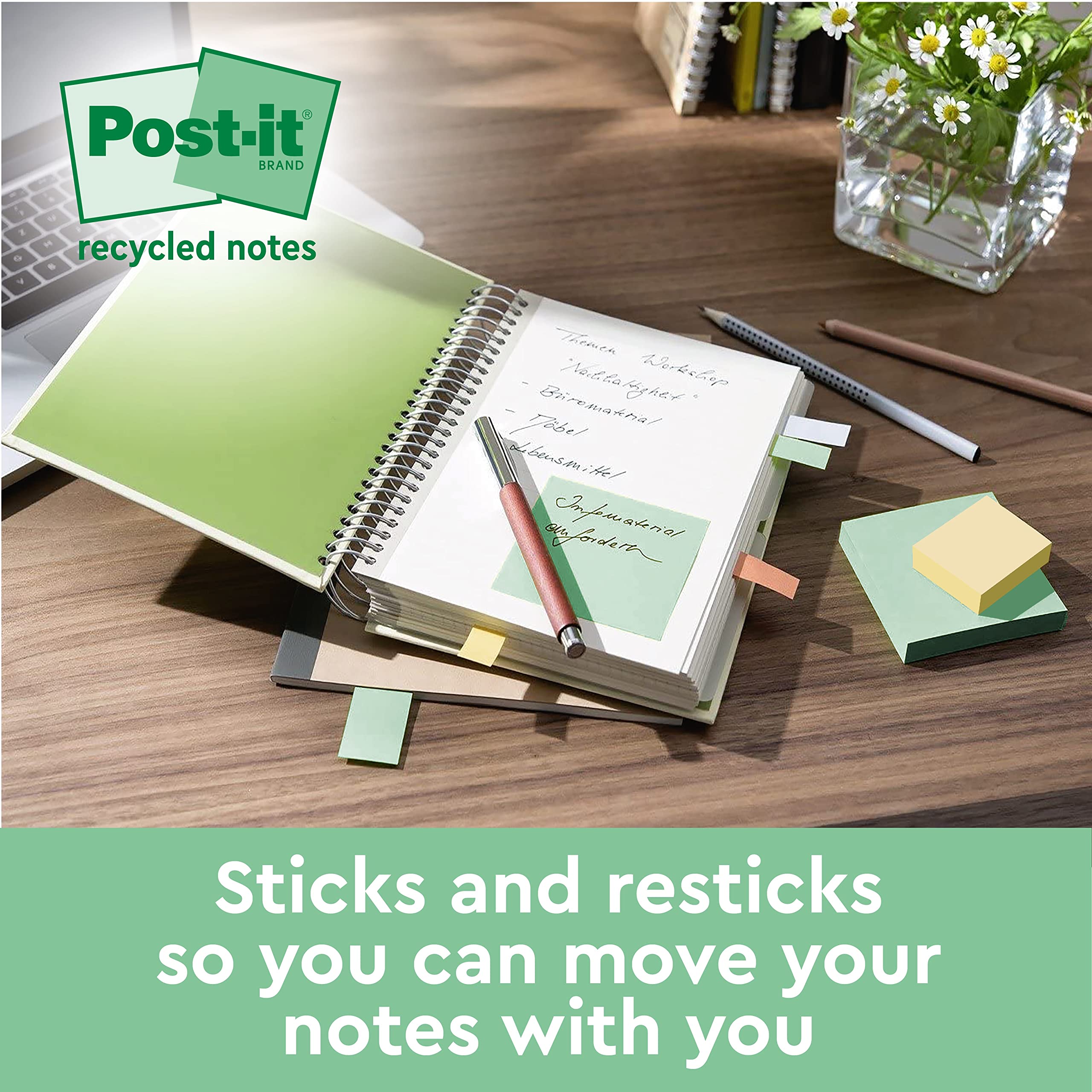 Post-it Super Sticky 100% Recycled Notes - 4 Pad Pack (3+1 Free) | 70 Sheets Each | Pink, Green, Yellow, Blue 8