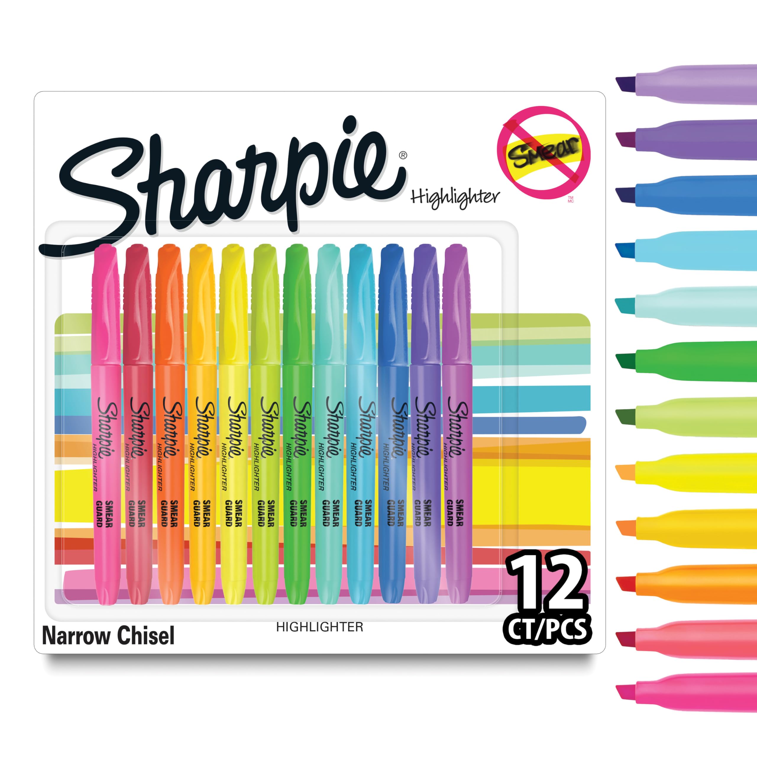 Sharpie Pocket Highlighters - Chisel Tip | 12 Pack Assorted Fluorescent Ink Colours