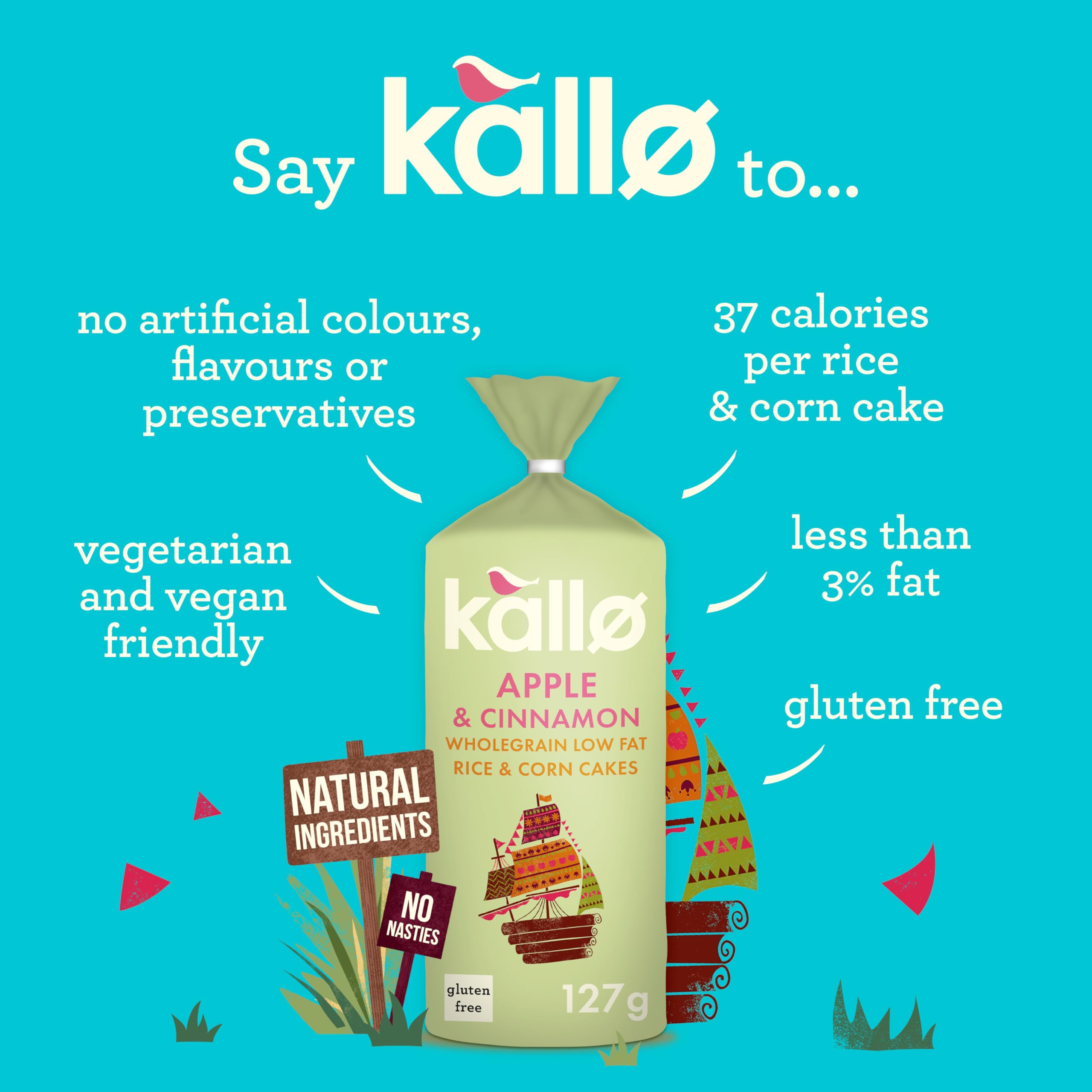 Kallo Apple & Cinnamon Wholegrain Rice & Corn Cakes - Light Snack | Vegan Friendly | 127g