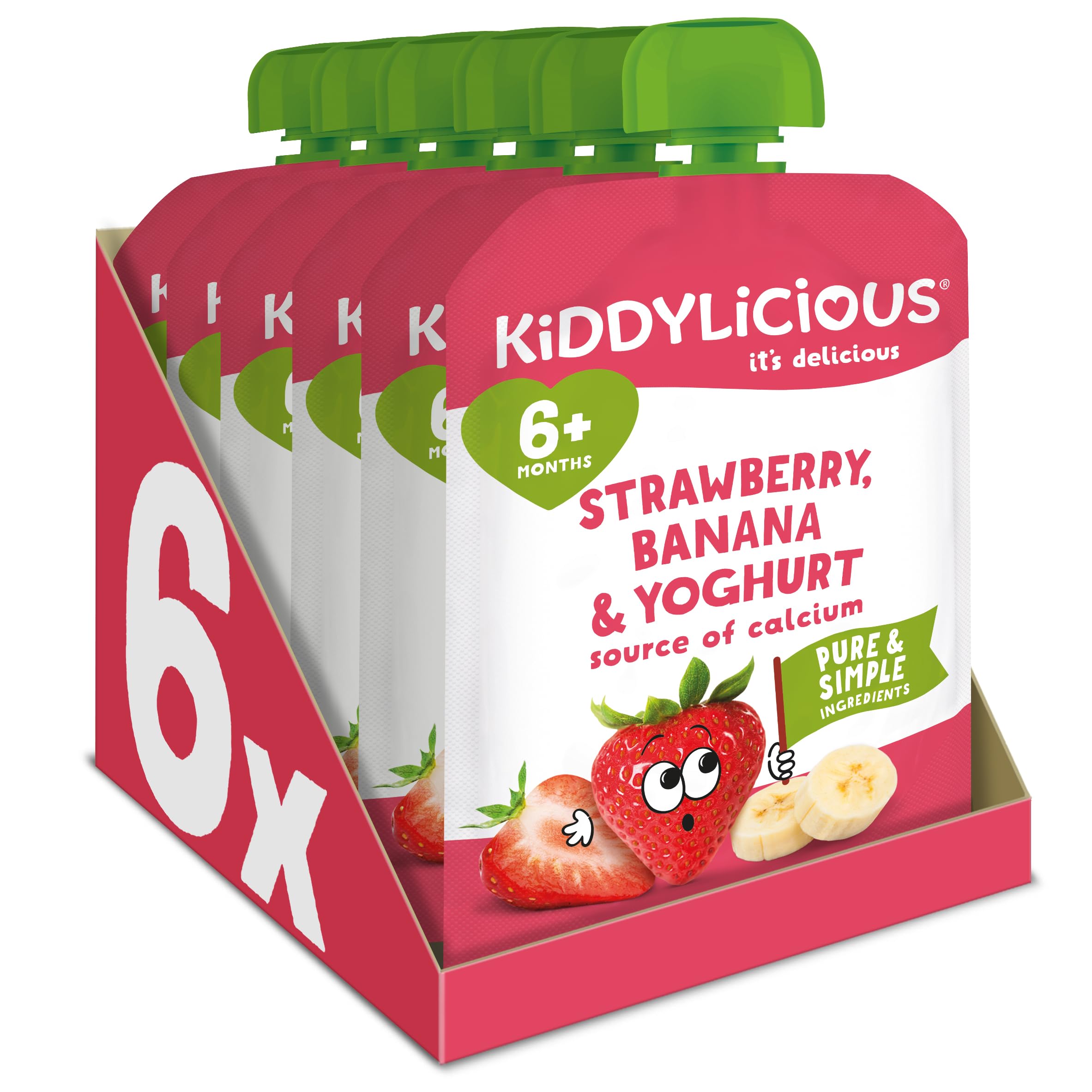 Kiddylicious Strawberry & Banana Yoghurt Pouches - 100g (Pack of 6) | Source of Calcium