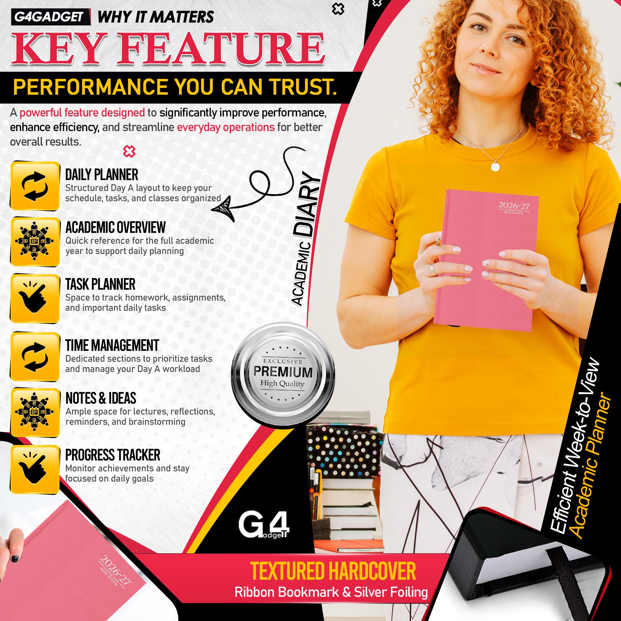 G4GADGET 2026-2027 Academic Diary - A4 Week To View Pink Hardback | August 2026 to July 2027 4