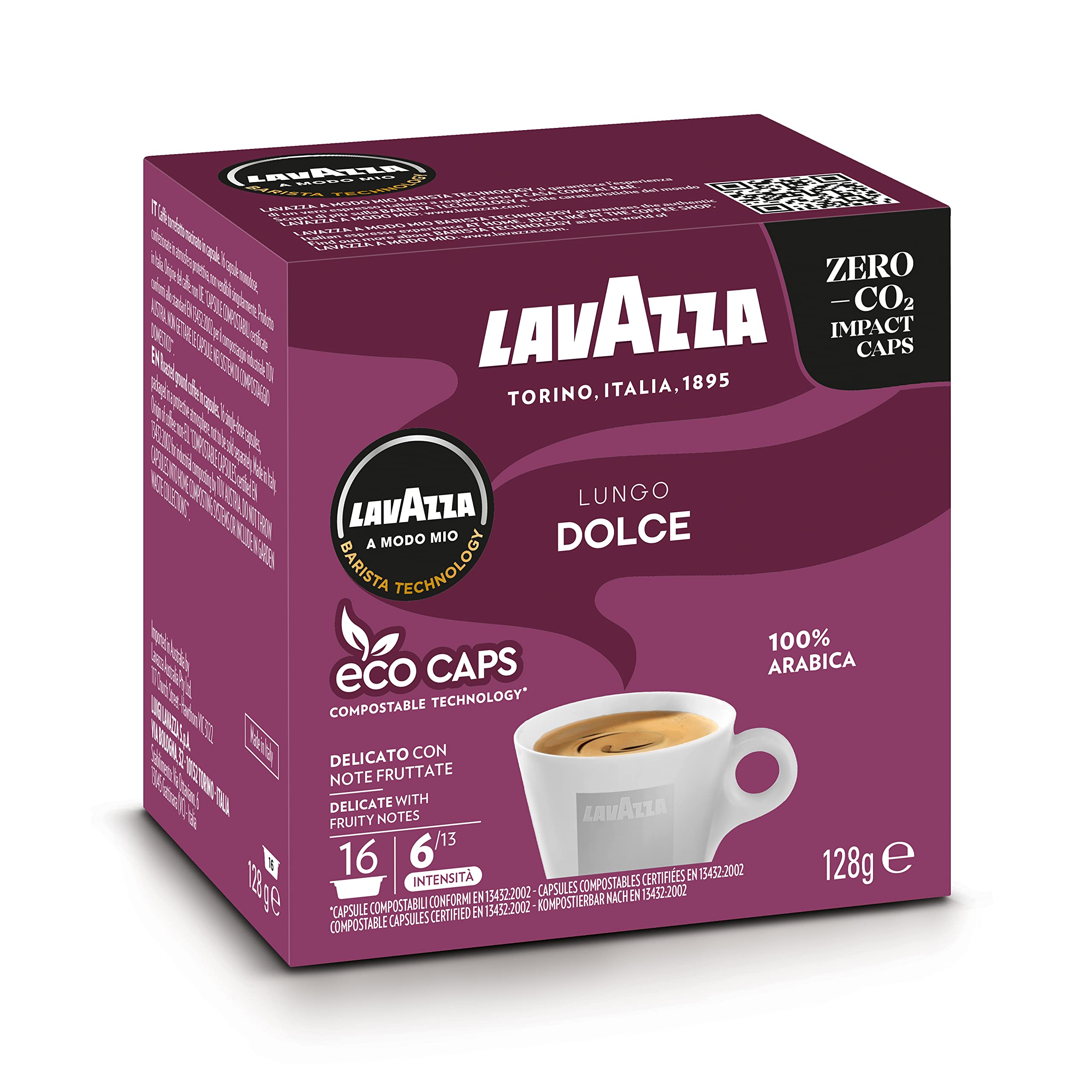 Lavazza A Modo Mio Lungo Dolce – 96 Kaffeekapseln, 100 % Arabica-Mischung mit Noten von Trockenfrüchten