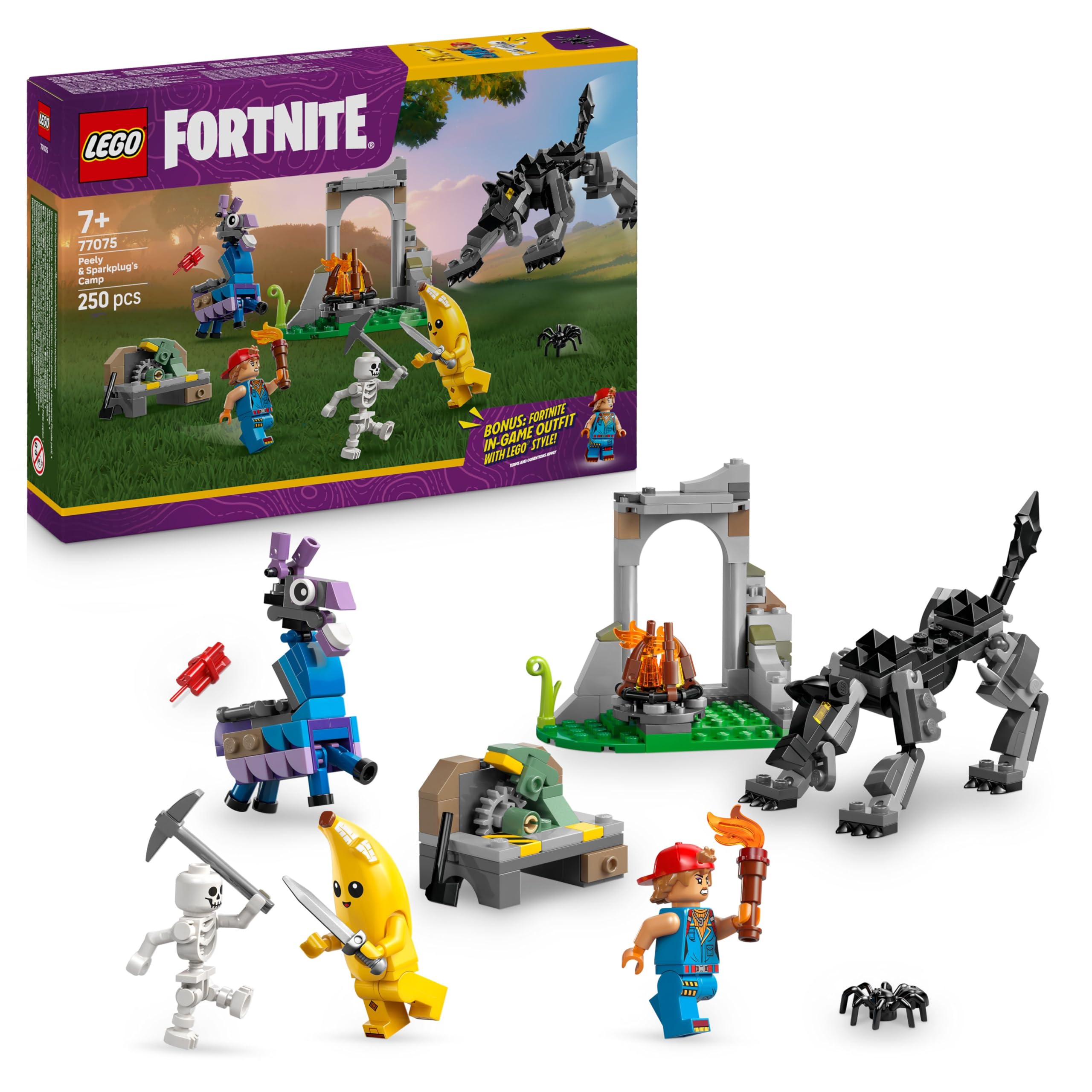 LEGO Fortnite Peely & Sparkplug’s Camp Toy - incl. Wolf & Supply Llama Figu