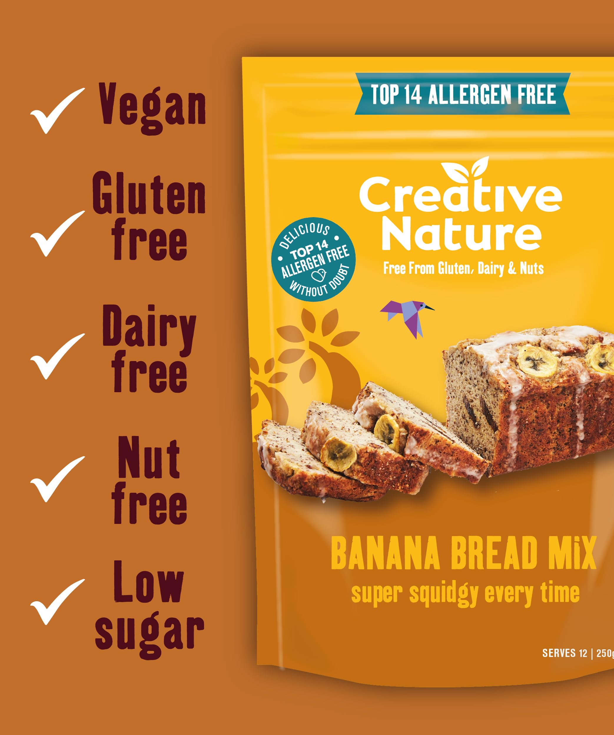 Creative Nature Gluten Free Banana Bread Cake Mix | Top 14 Allergens Free | 250g