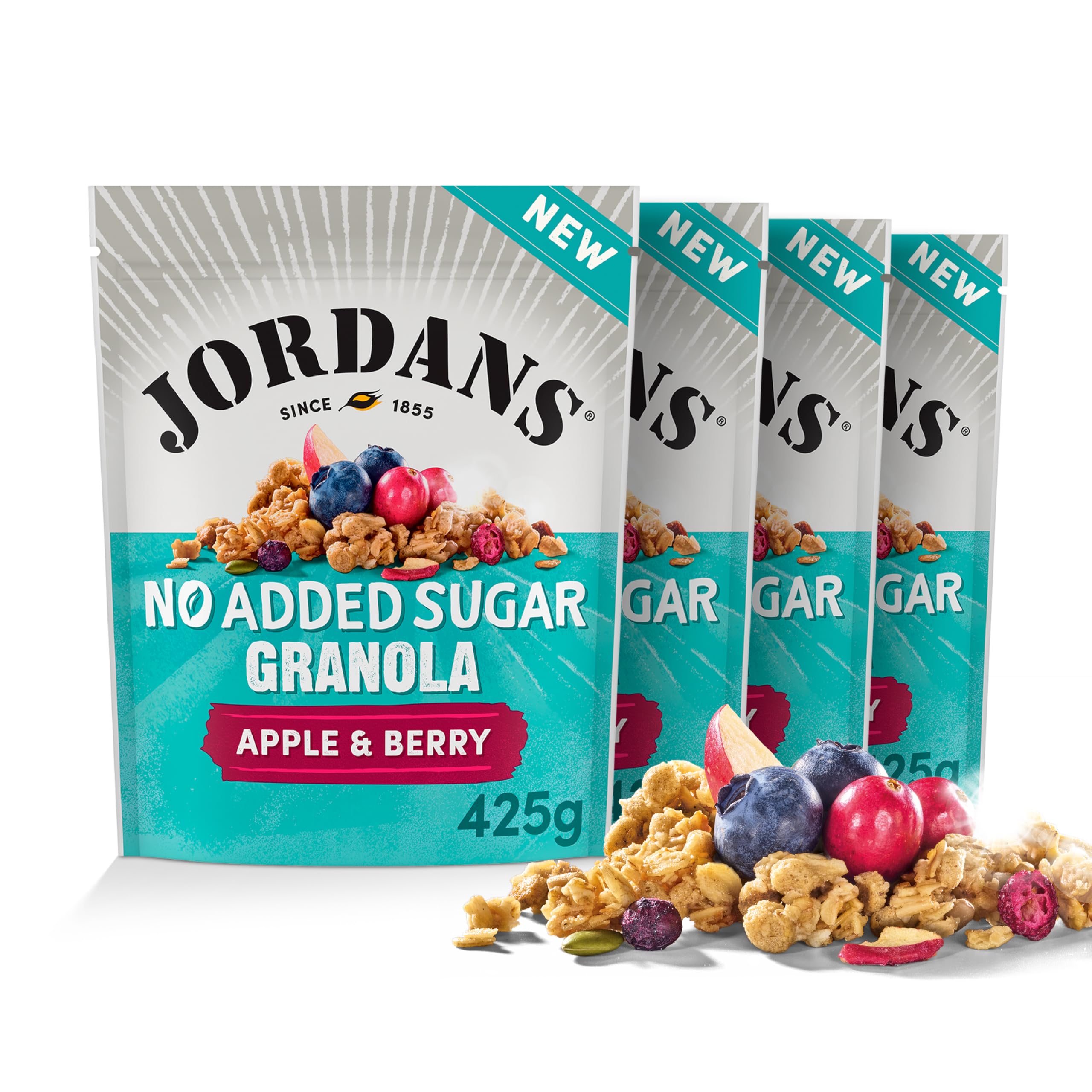 JORDANS No Added Sugar Apple & Berries Granola - High Fibre, Vegetarian | 4 x 425g Multi-pack
