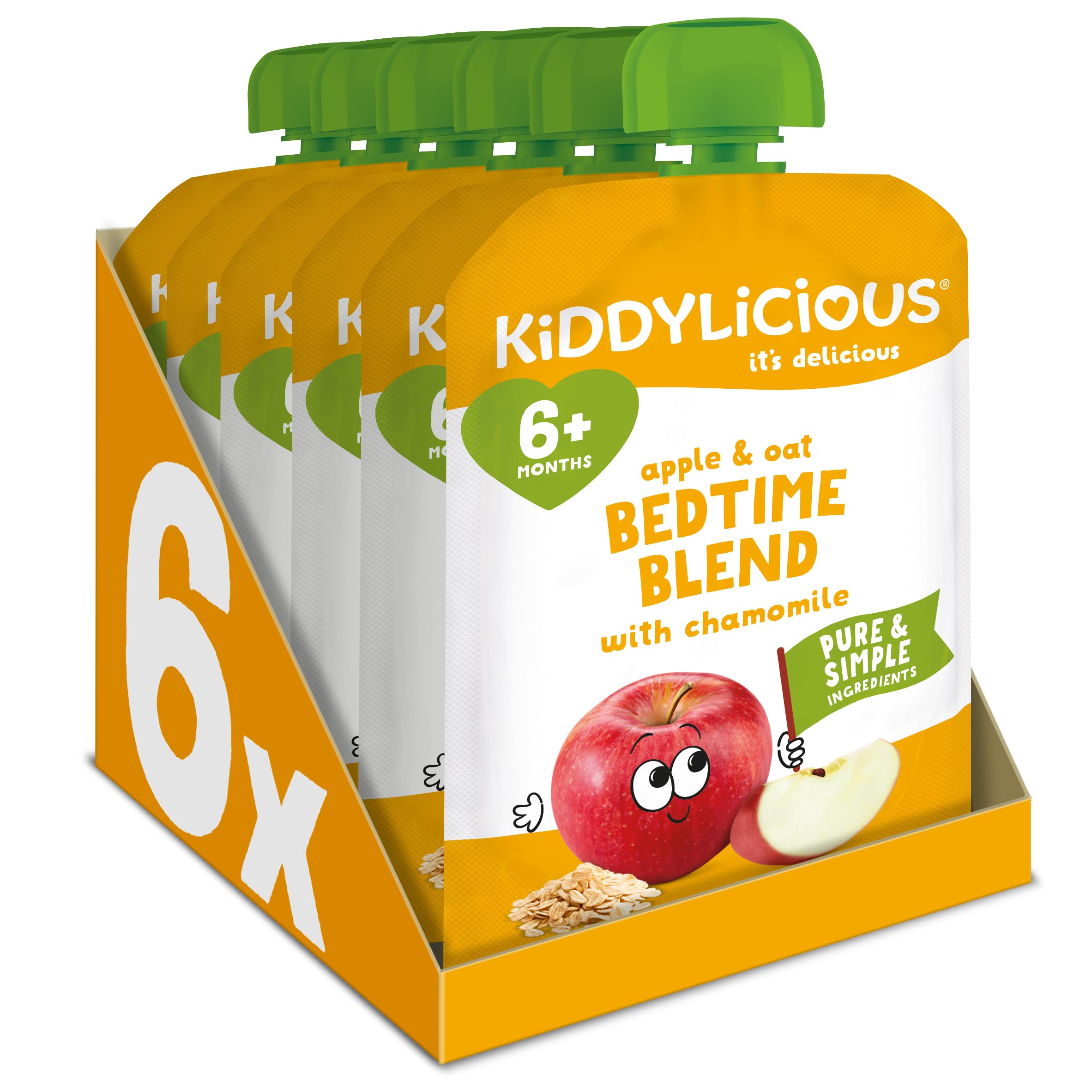 Kiddylicious Bedtime Blend Apple, Oat & Chamomile Fruit Pouches - 6 Count, 100g Each