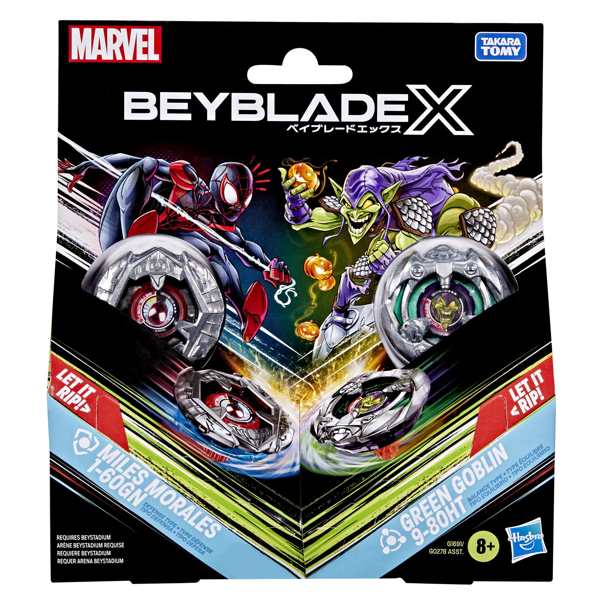 Hasbro Beyblade X Marvel Collab Miles Morales 1-60GN vs Green Goblin 9-80HT Battling Tops Set 3