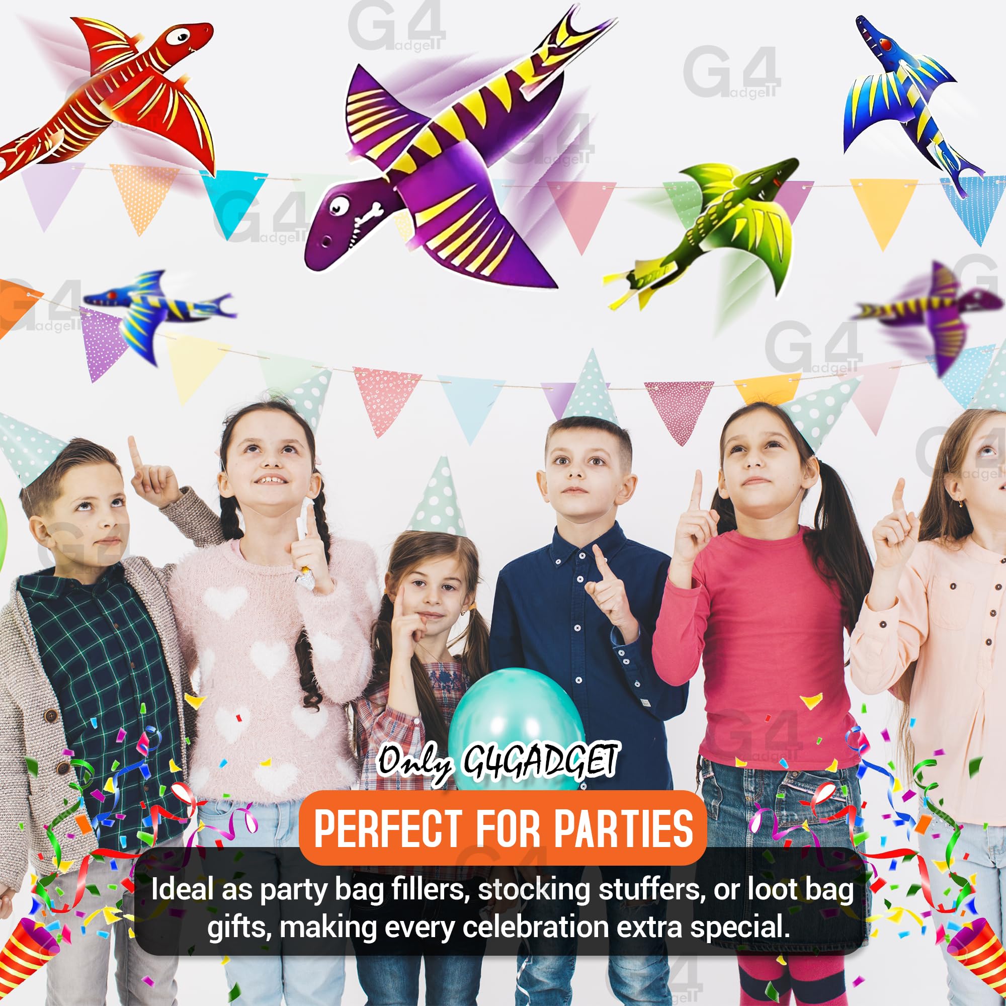 G4GADGET Pack of 12 Dinosaur Flying Glider Planes - Lightweight Foam, 4 Assorted Designs, Ideal for Kids Ages 3+ 6